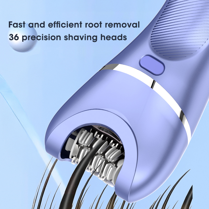 Paarse epilator verwijdert haar met roterende koppen.