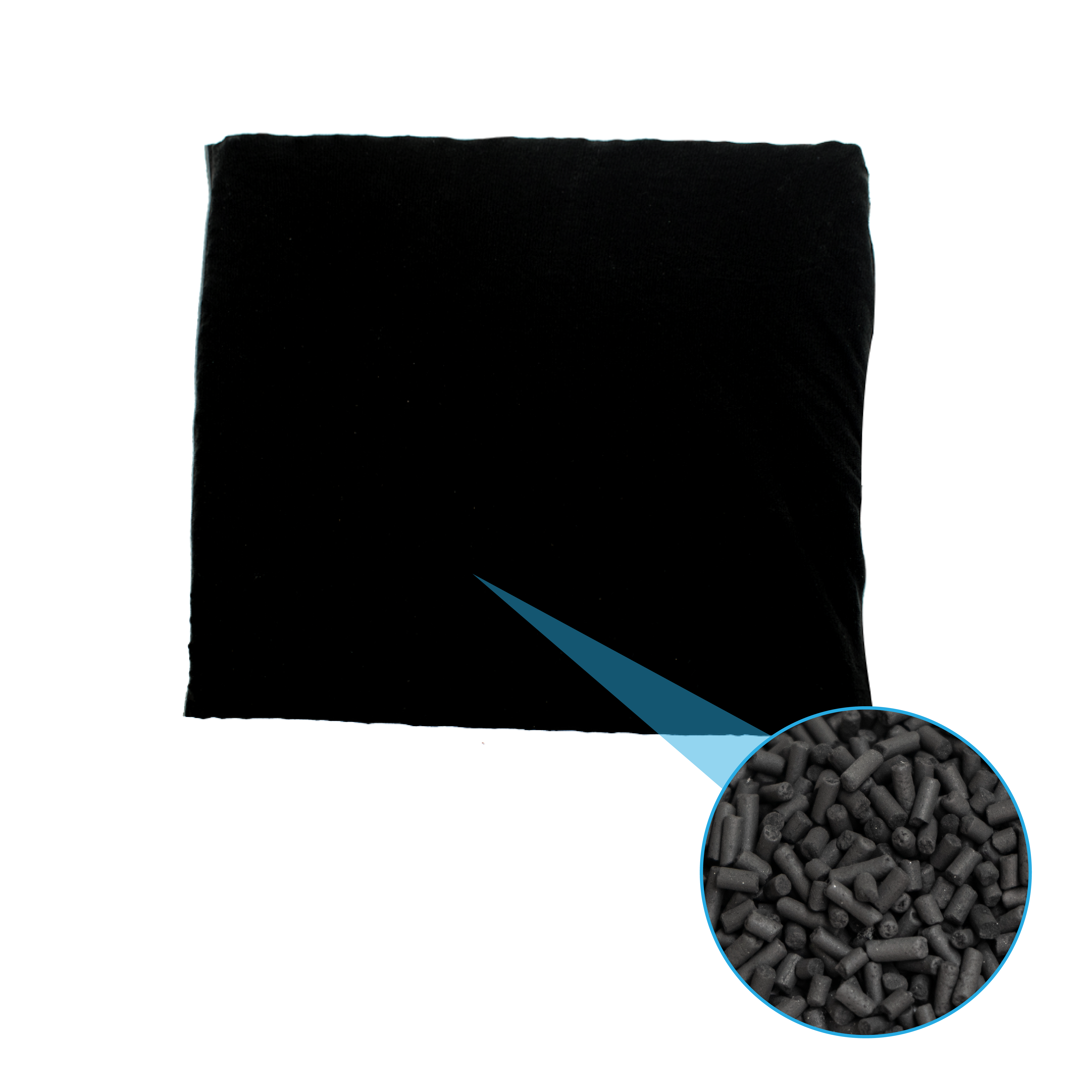 Un cuscino in tessuto nero con una lente d'ingrandimento circolare che mostra pellet neri.