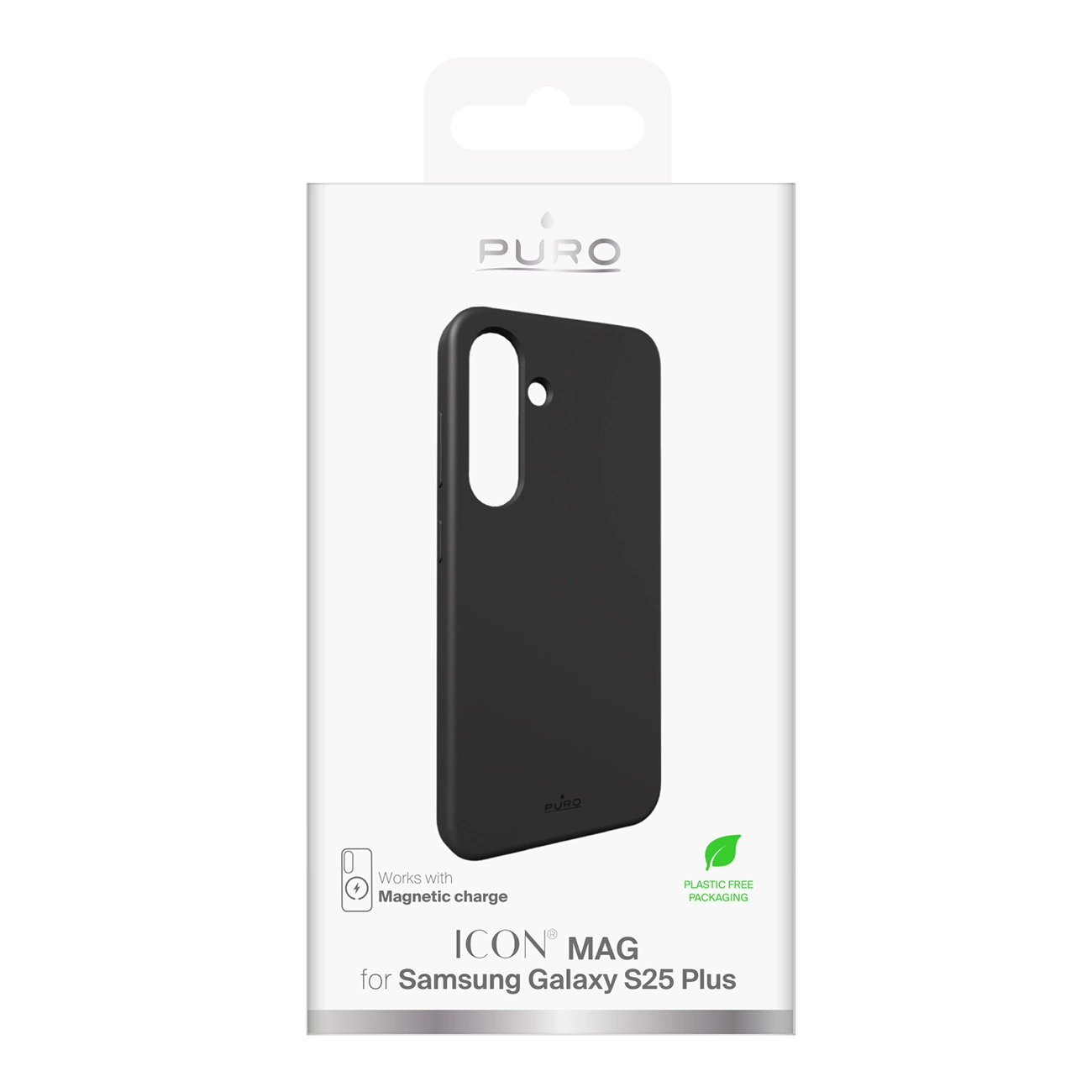 Custodia protettiva nera per Samsung Galaxy S25 Plus di Puro in confezione bianca.