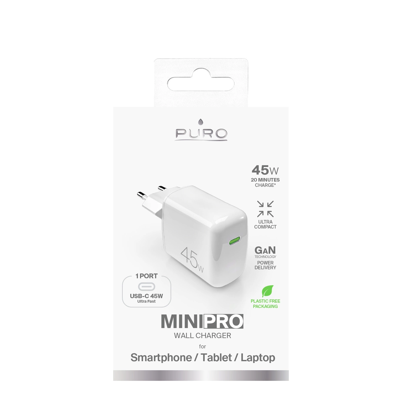 Weiße Produktverpackung für ein Puro MiniPro 45W USB-C Wandladegerät.