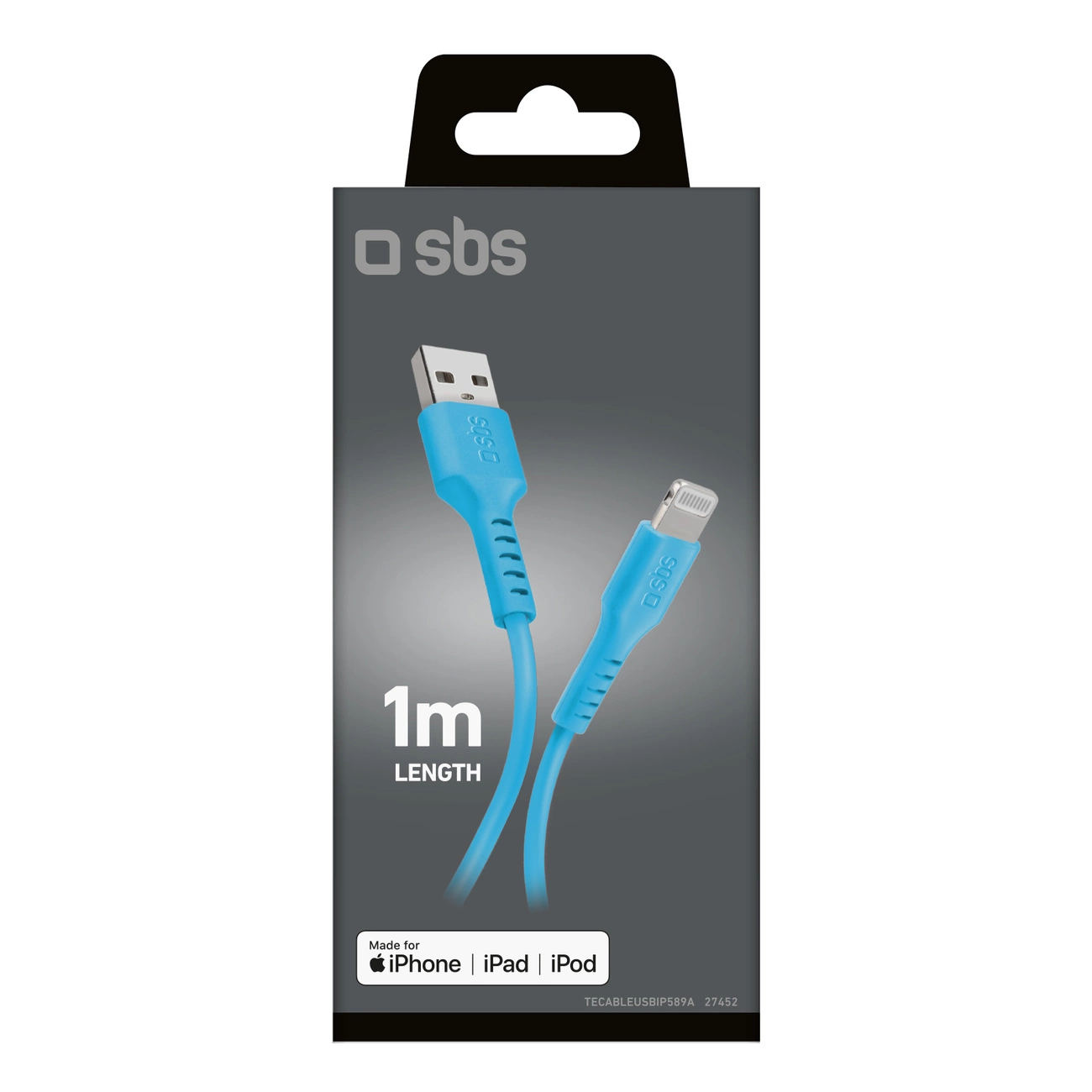 Un cavo di ricarica blu SBS da 1m in confezione grigia per dispositivi Apple.