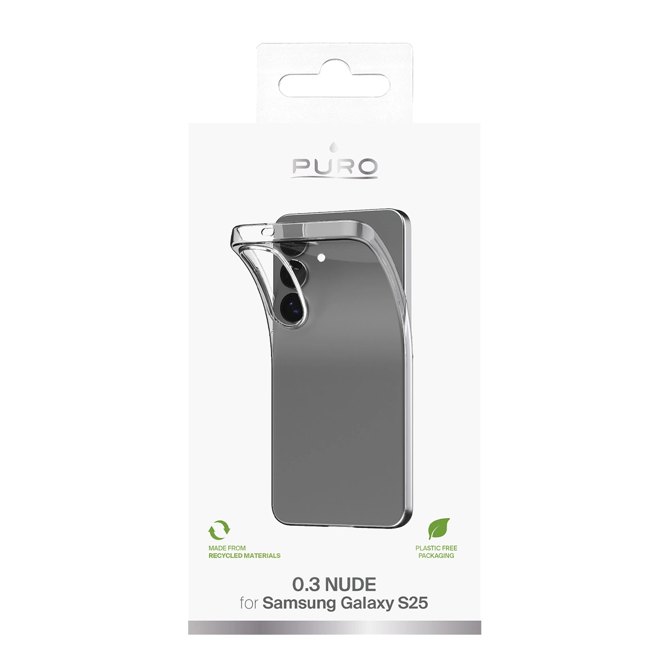Durchsichtige Puro 0.3 Nude Handyhülle in Verpackung für Samsung Galaxy S25.