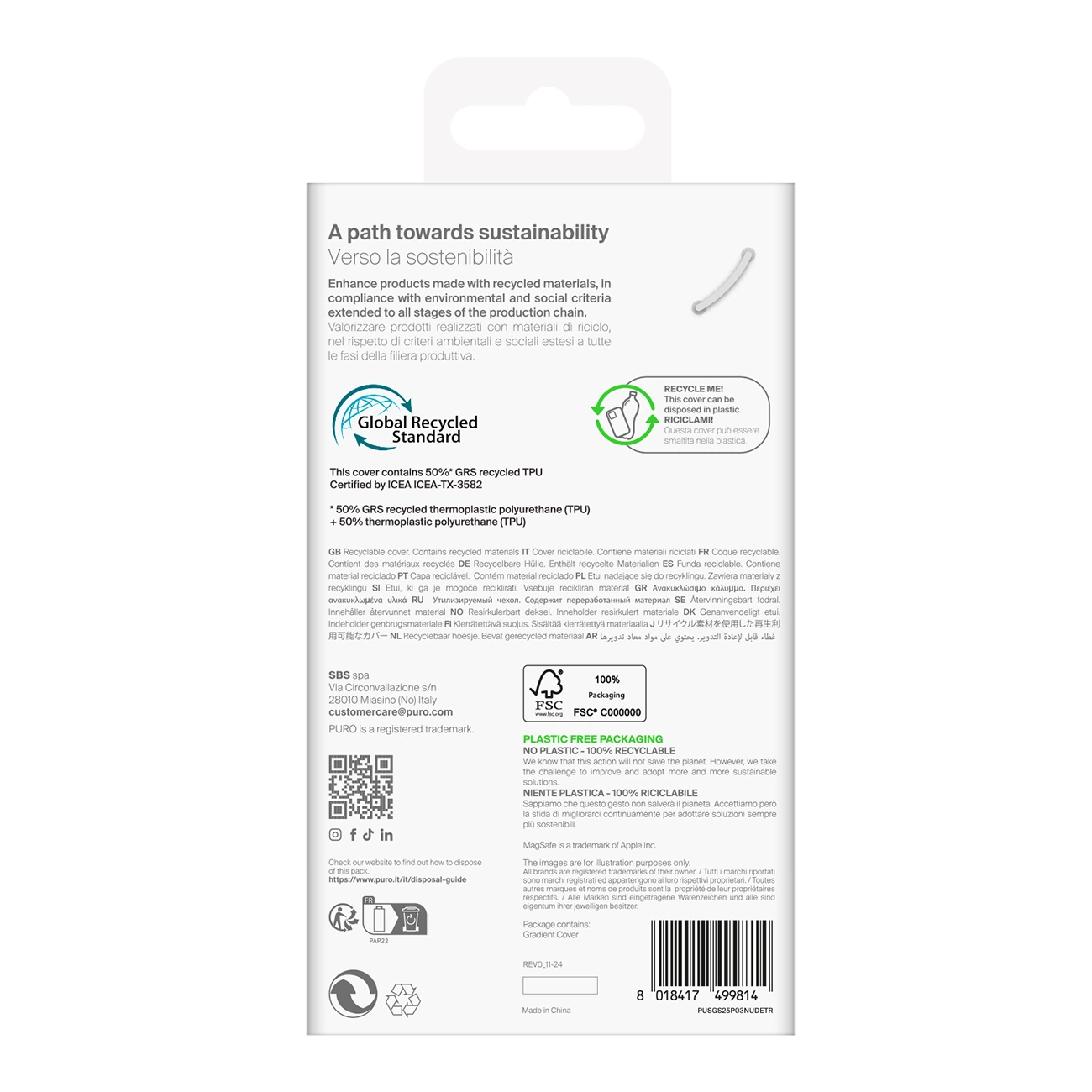 Rückseite einer Produktverpackung mit Text, FSC-Logo, Global Recycled Standard-Logo und einem Barcode.