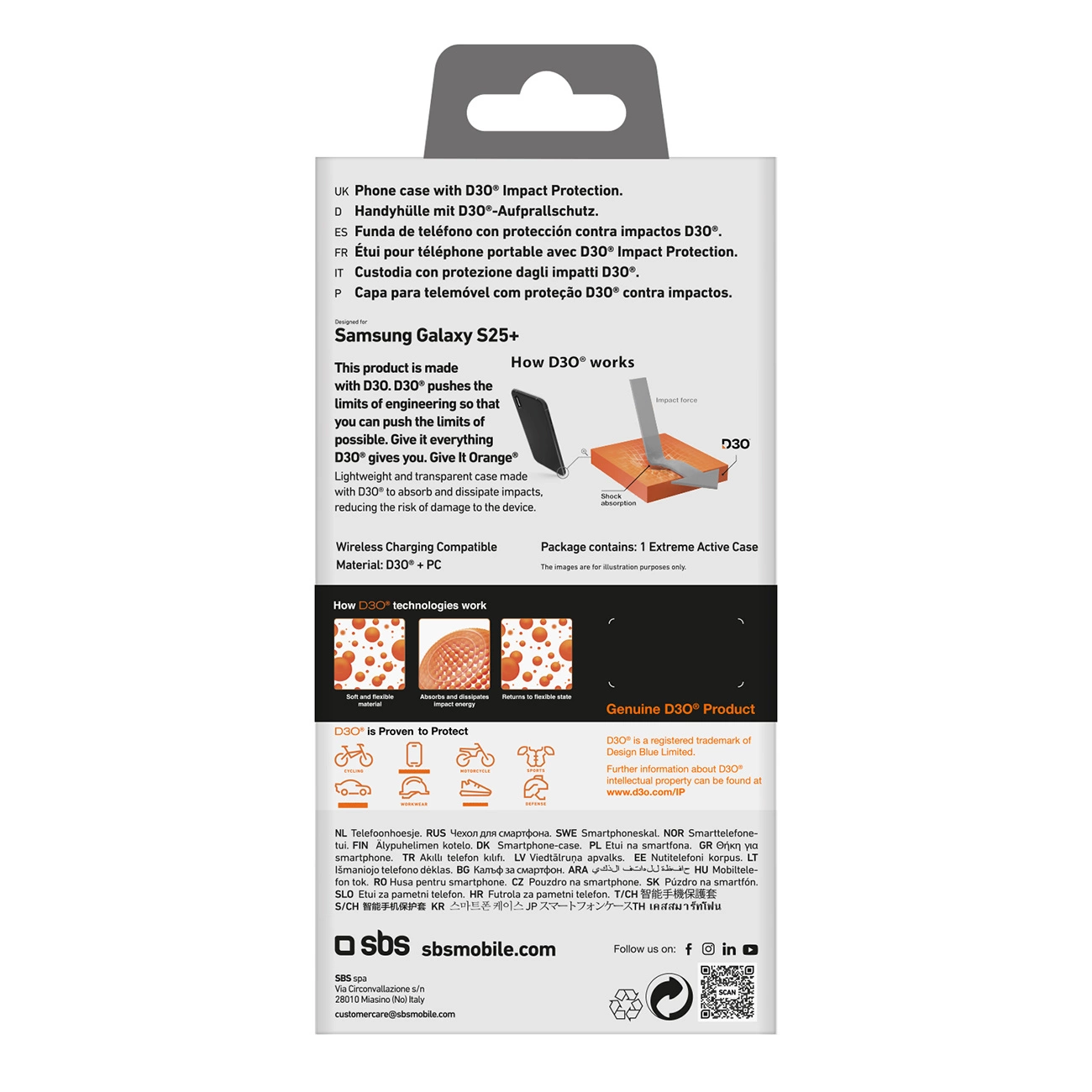 Rückseite einer Samsung Galaxy S25+ Handyhüllenverpackung mit Erklärungen zur D3O-Technologie.
