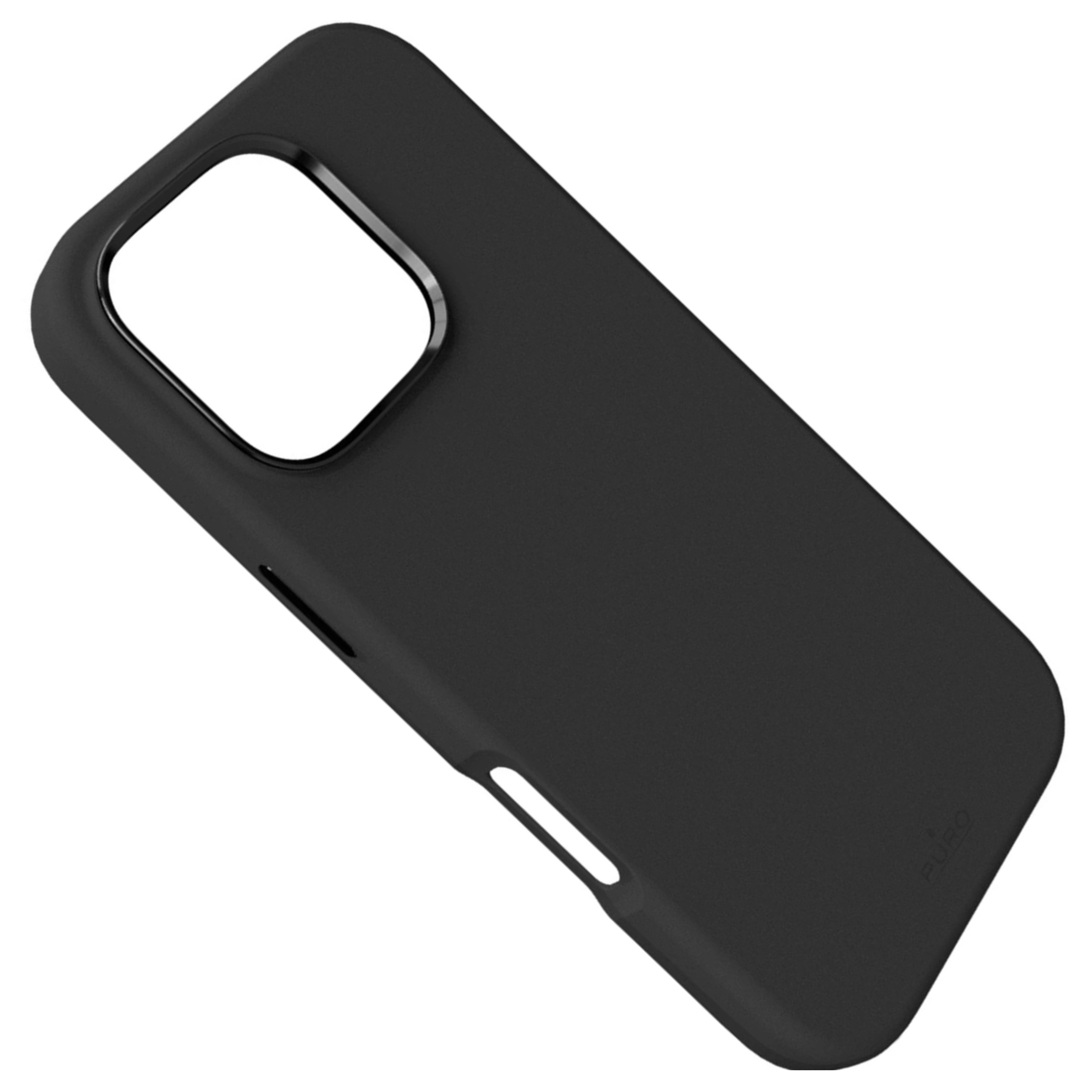 Eine schwarze Smartphone-Schutzhülle mit Kamera-Aussparung auf weißem Hintergrund.