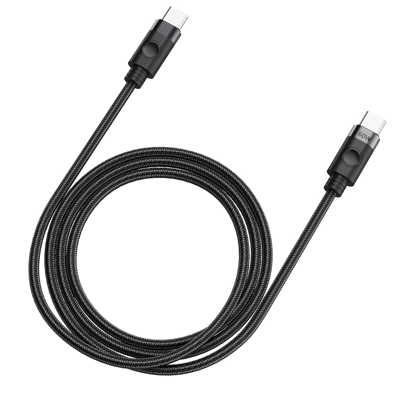 Ein schwarzes geflochtenes USB-C-Kabel mit Metallsteckern auf einem weißen Hintergrund.