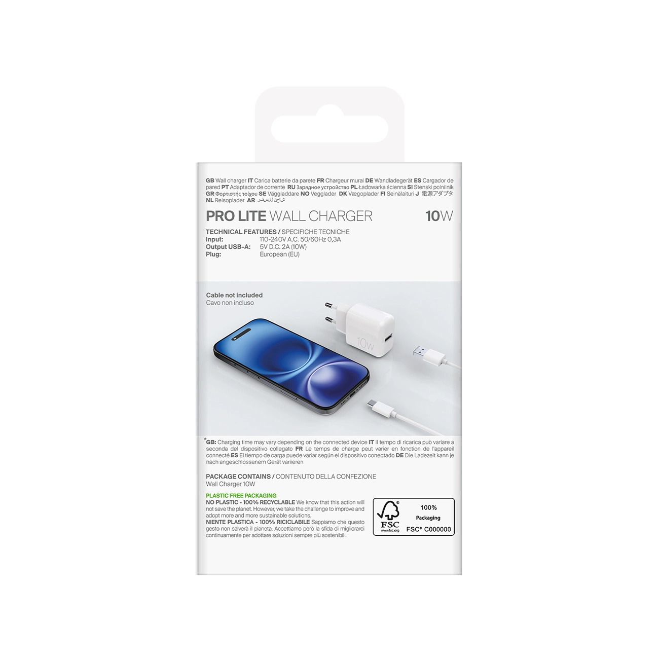Embalaje del cargador de pared Pro Lite con imagen de un teléfono, cargador y cable sobre fondo blanco.