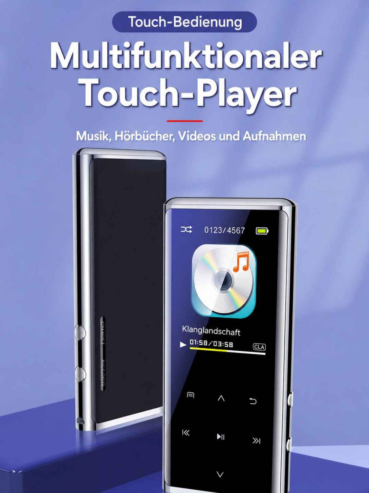 Ein silberner Multifunktions-Touch-Player mit Musik- und Video-Display auf blauem Hintergrund.
