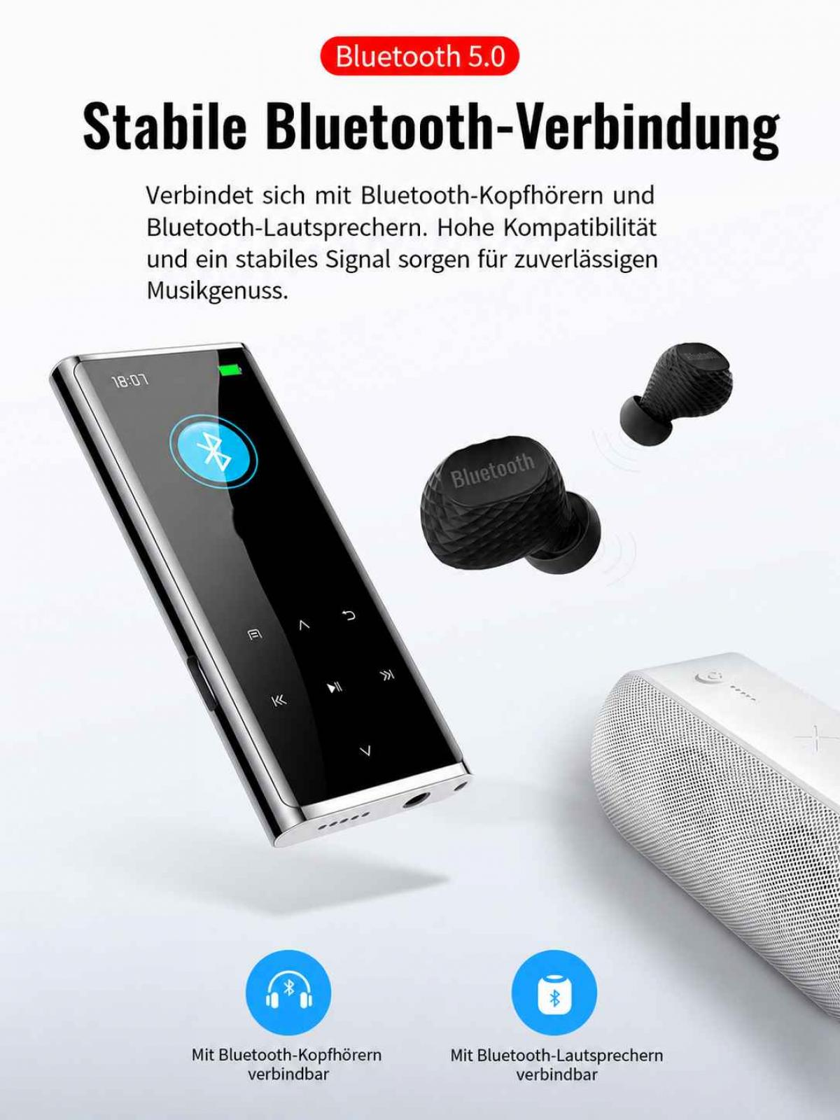 MP3-Player mit Bluetooth 5.0 zur Verbindung mit kabellosen Ohrhörern und einem Lautsprecher.