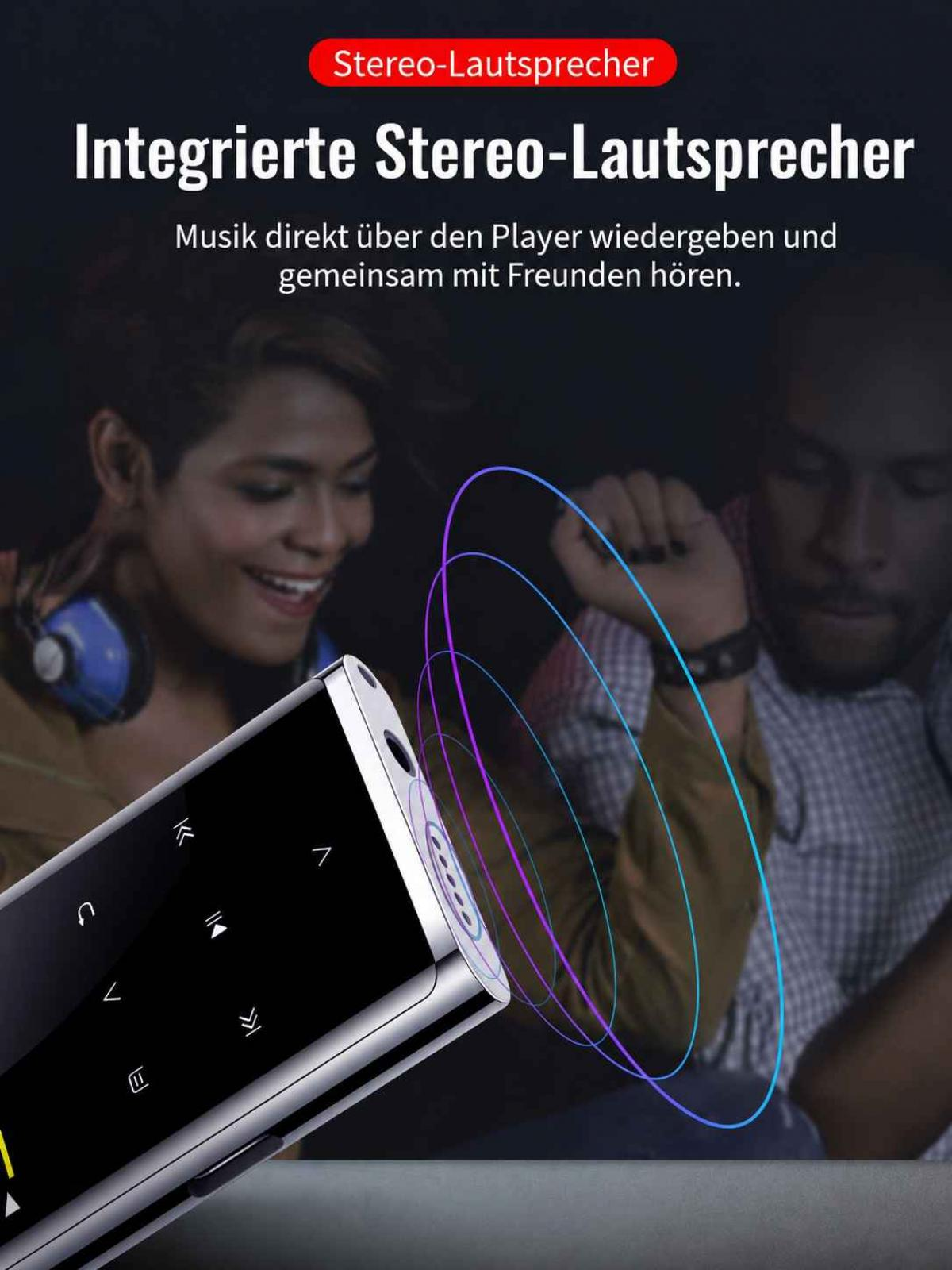 MP3-Player mit integrierten Lautsprechern; zwei Personen hören im Hintergrund Musik.