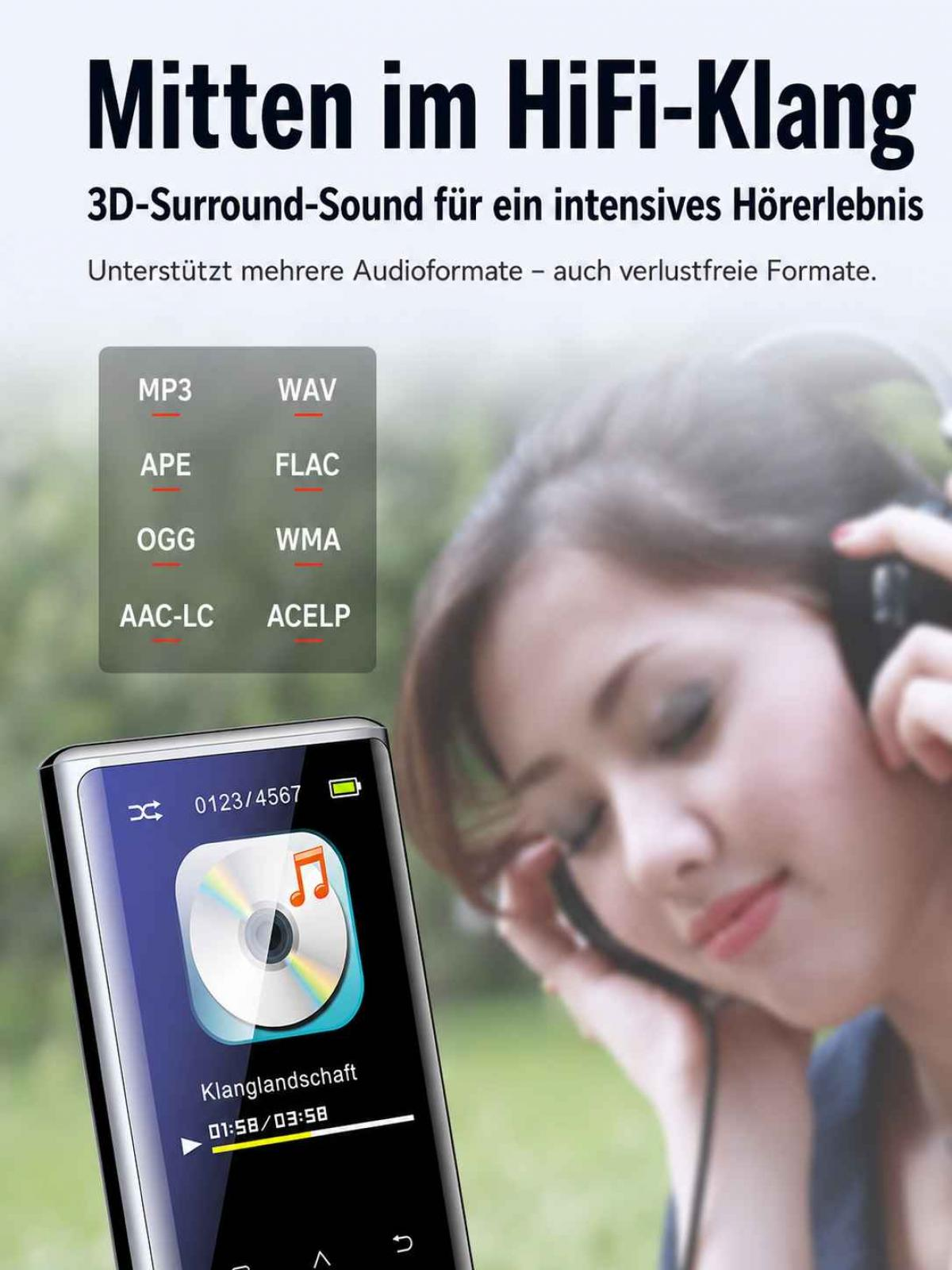 Eine Frau mit Kopfhörern und ein MP3-Player mit Audioformat-Liste.