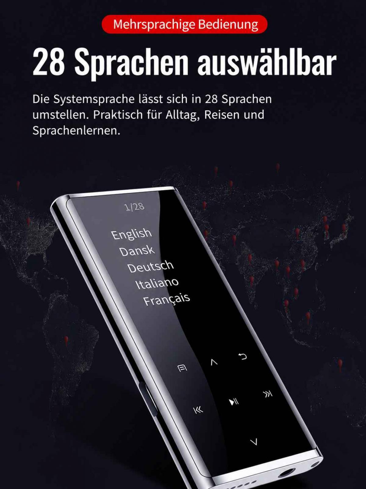 Ein schlankes Gerät zeigt ein Menü zur Sprachauswahl auf einem dunklen Hintergrund.