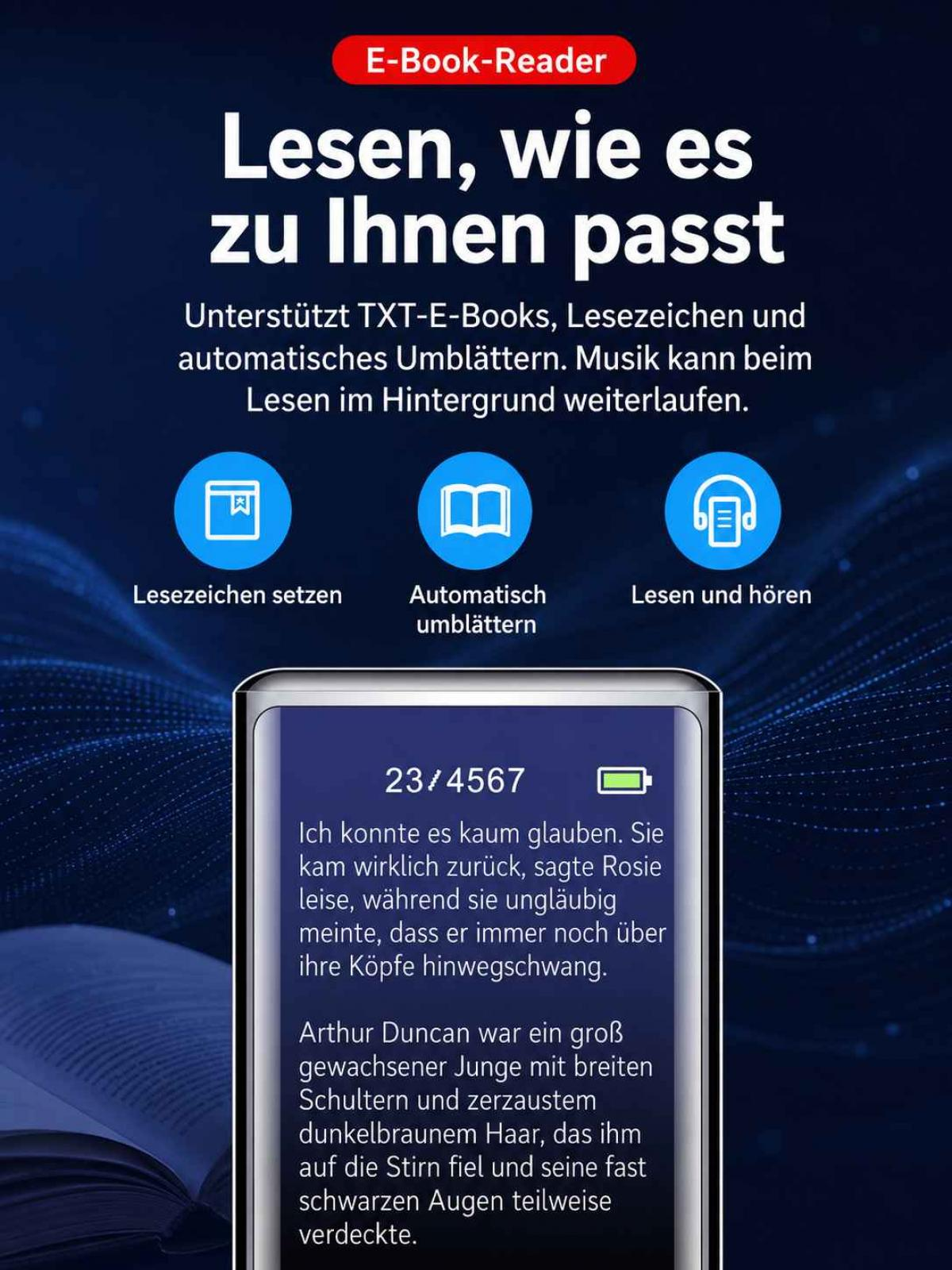 Eine E-Book-Reader-Anzeige zeigt Textfunktionen, Icons für Lesezeichen, automatisches Blättern und Audio.