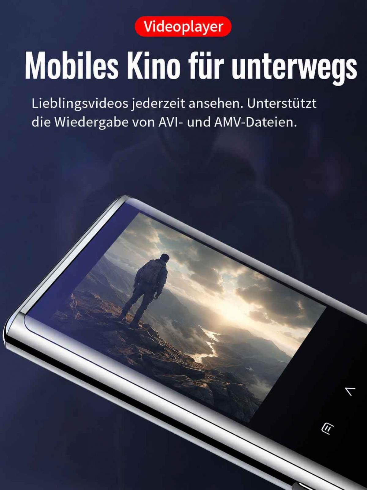 Ein tragbarer MP3-Player mit Farbdisplay zeigt ein Bild eines Wanderers in den Bergen.