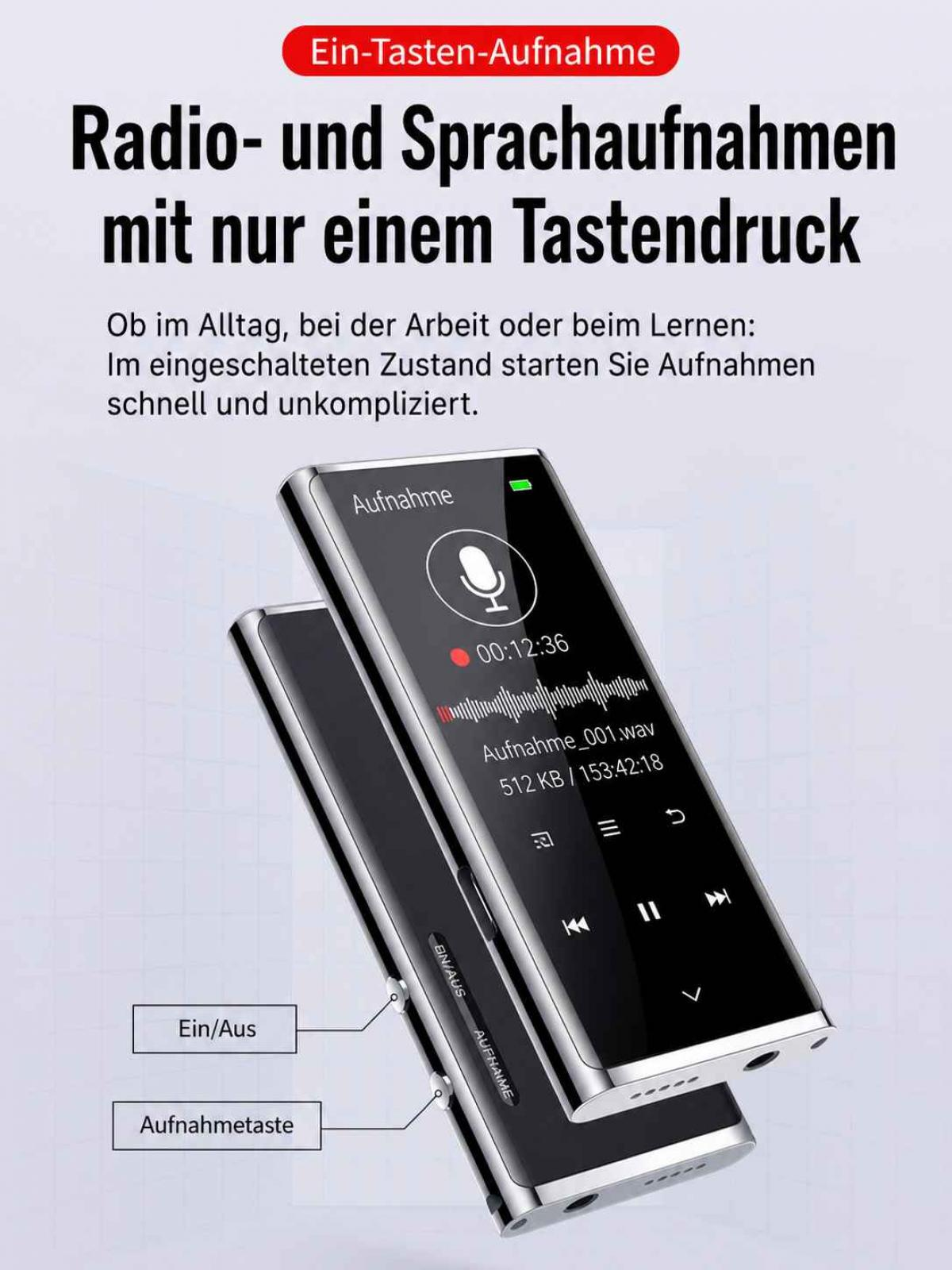 Ein schlanker silberner digitaler Diktiergerät mit Display zeigt den Aufnahmebildschirm und Steuertasten.