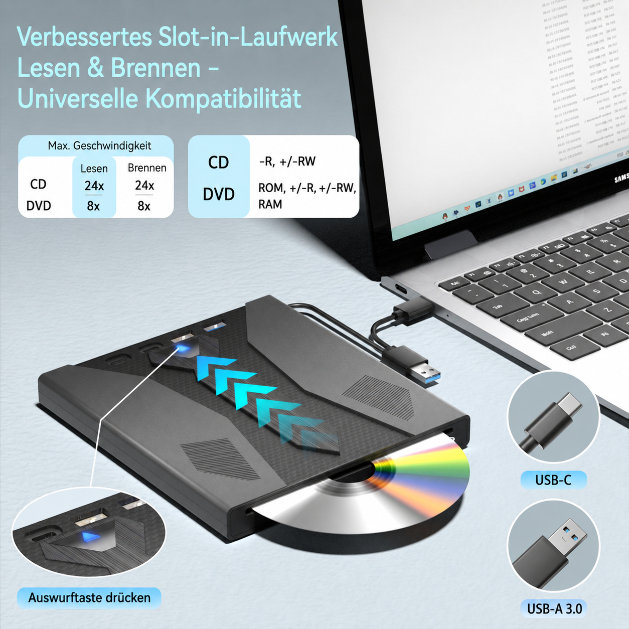 Ein schwarzes externes CD-DVD-Laufwerk per USB am Laptop angeschlossen, mit eingelegter Disc und Spezifikationen.