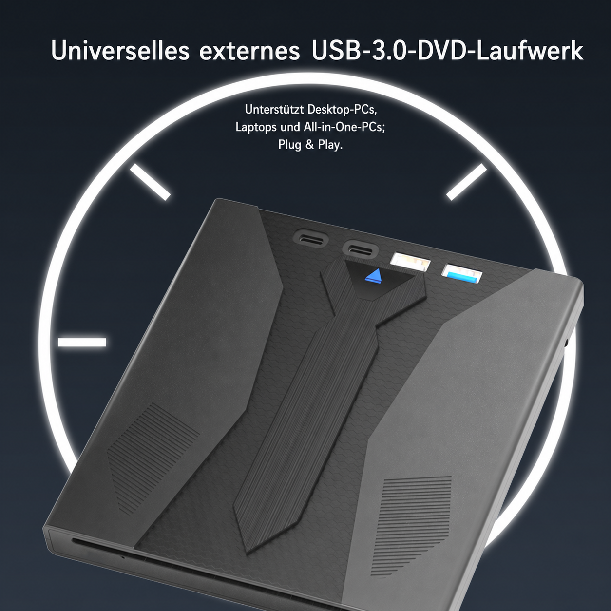 Ein schwarzes externes USB-3.0-DVD-Laufwerk mit verschiedenen Anschlüssen auf einer dunklen, kreisförmig beleuchteten Fläche.