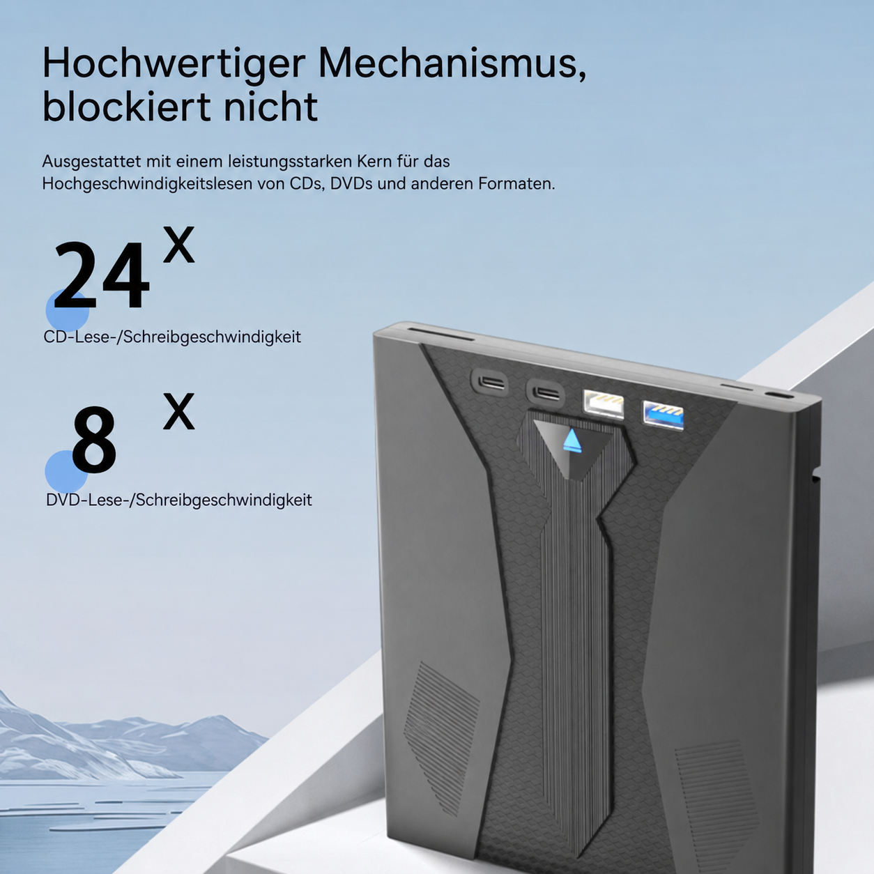 Ein graues externes CD/DVD-Laufwerk mit USB-Anschlüssen vor einem Berg-Hintergrund mit deutschem Text.