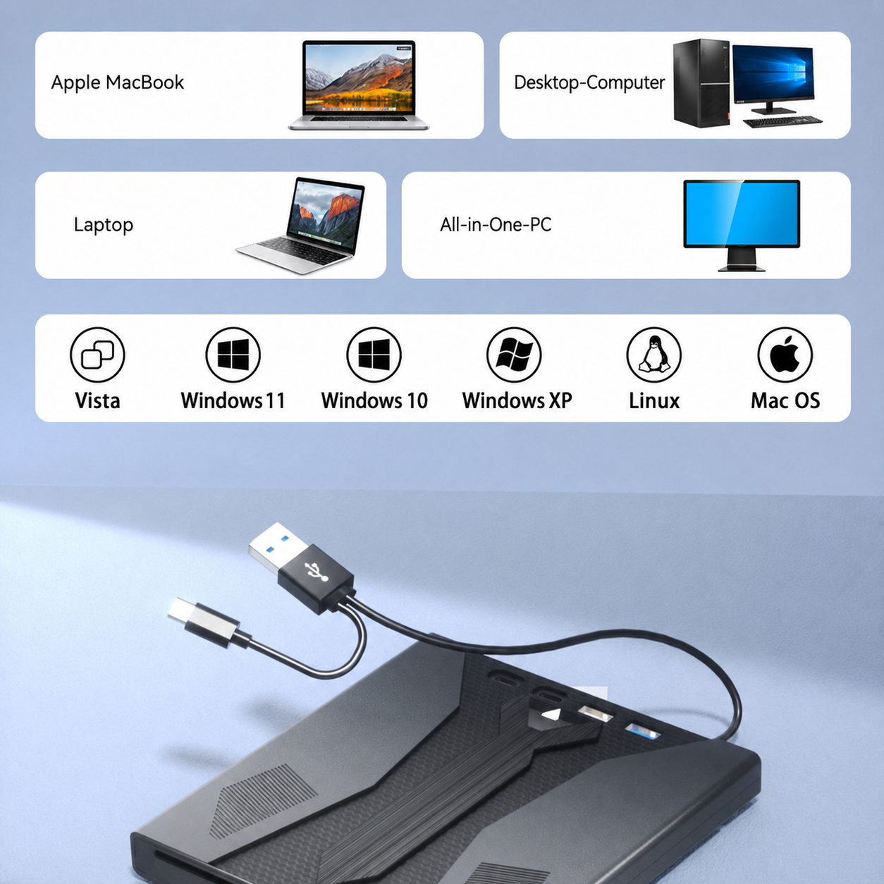 Ein schwarzer USB-Hub mit angeschlossenen Kabeln vor einem Hintergrund mit Computertypen und Betriebssystemen.