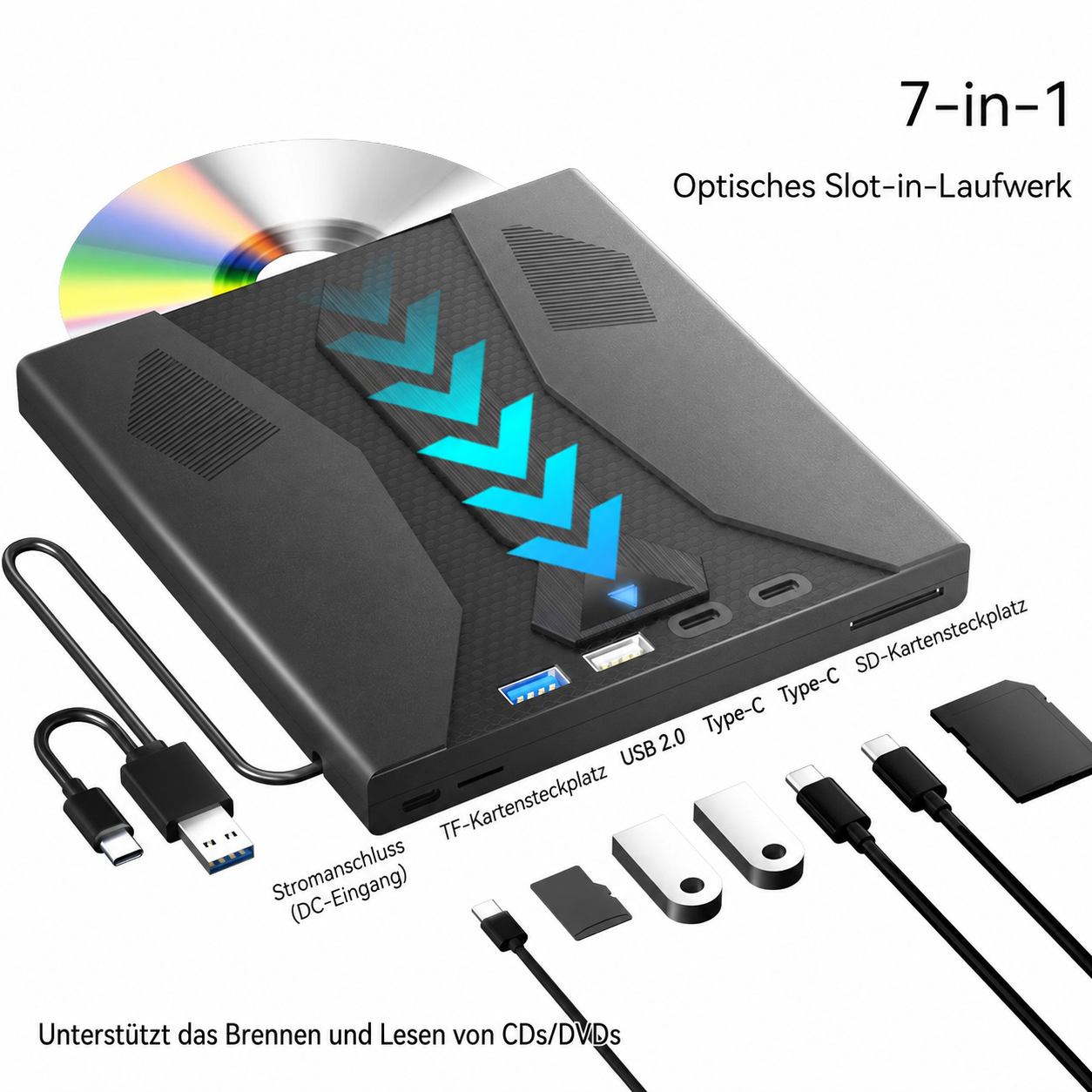 Ein schwarzes 7-in-1 optisches Laufwerk mit CD, USB- und Karteneinschüben sowie verschiedenen Kabeln und Anschlüssen.