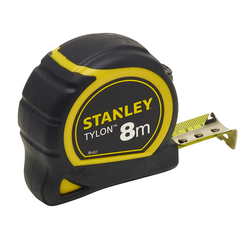 Metro a nastro Stanley Tylon 8m nero e giallo su sfondo bianco.