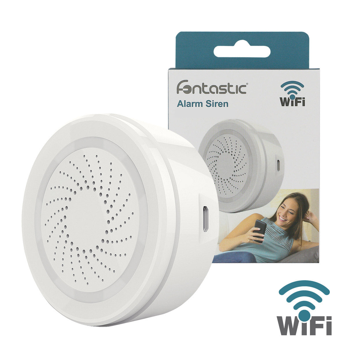 Ein weißer WLAN-Alarmsummer mit runder Form steht vor seiner Verpackung, die eine lächelnde Frau mit Smartphone zeigt.