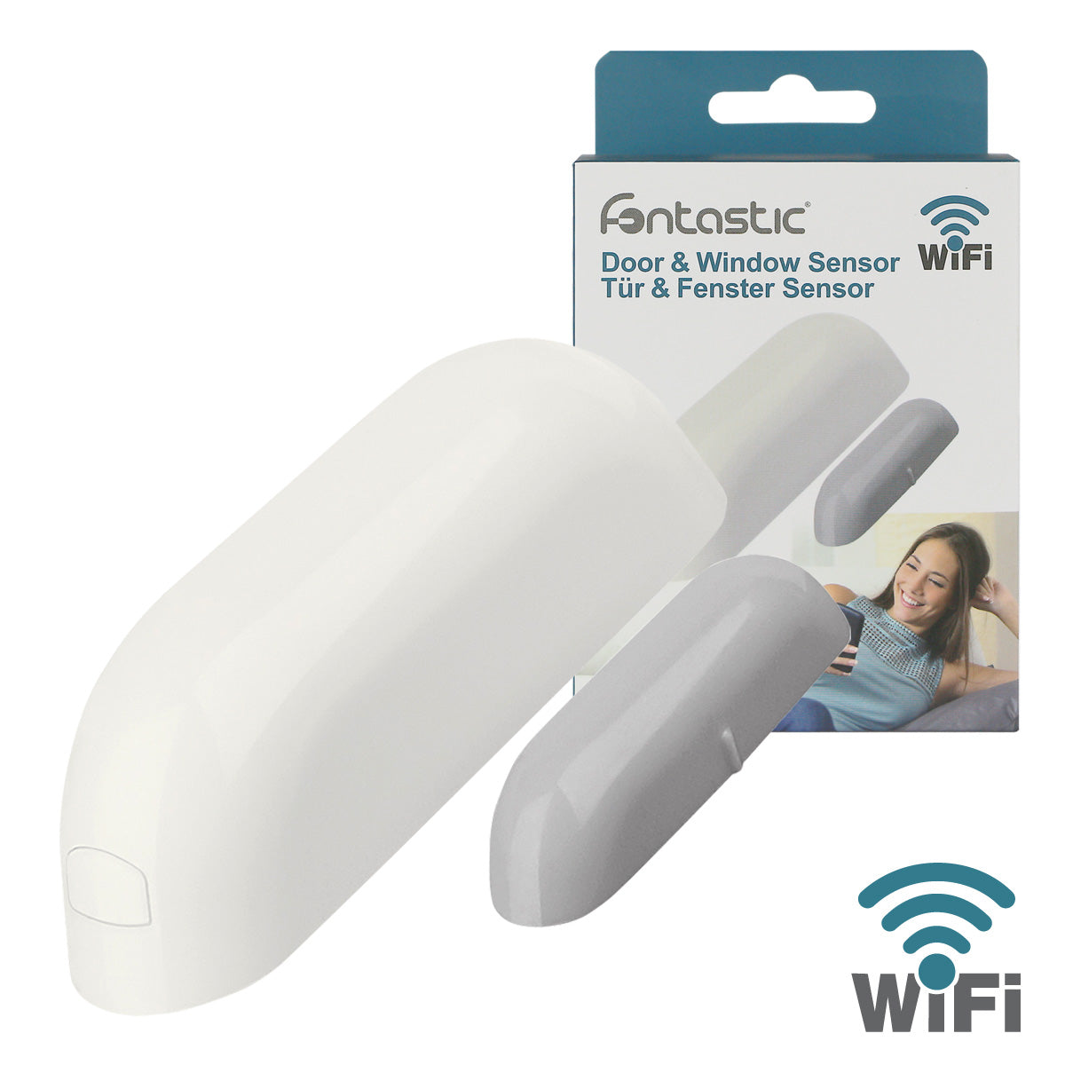 WLAN Tür- und Fenstersensor in Weiß und Grau mit Verpackungskarton.