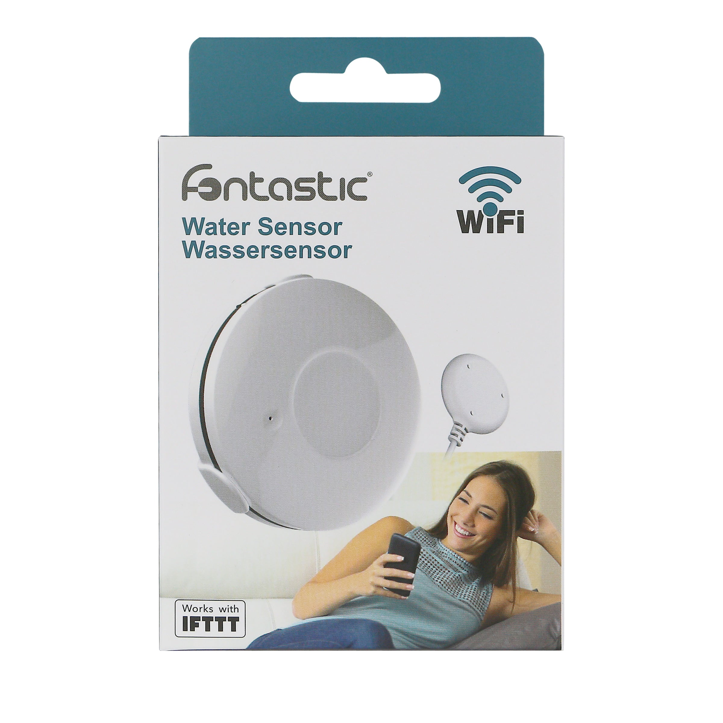 Verpackung für einen WLAN-Wassersensor mit einer lächelnden Frau mit Smartphone.