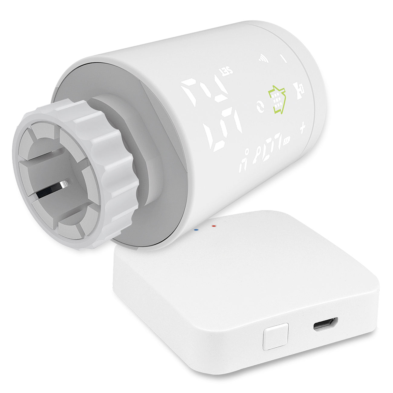 Ein weißes digitales Thermostat liegt auf einer flachen, weißen quadratischen Basis mit Anschlüssen.