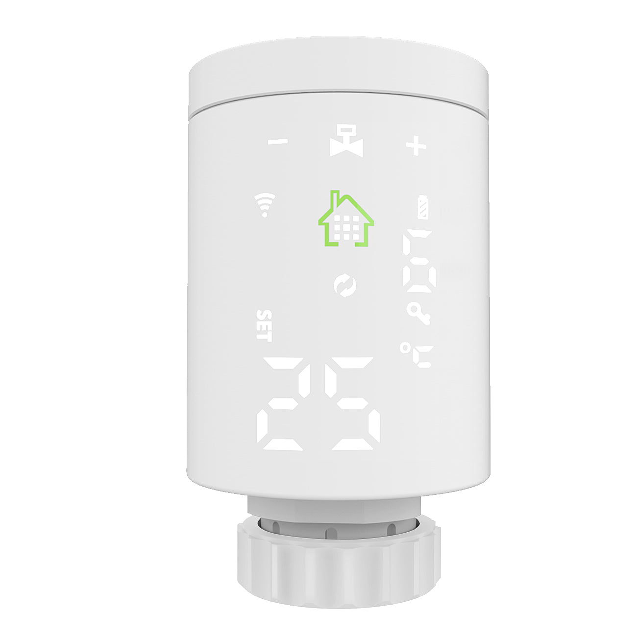 Weißes intelligentes Heizkörperthermostat mit Digitalanzeige und grüner Haus-Ikone.