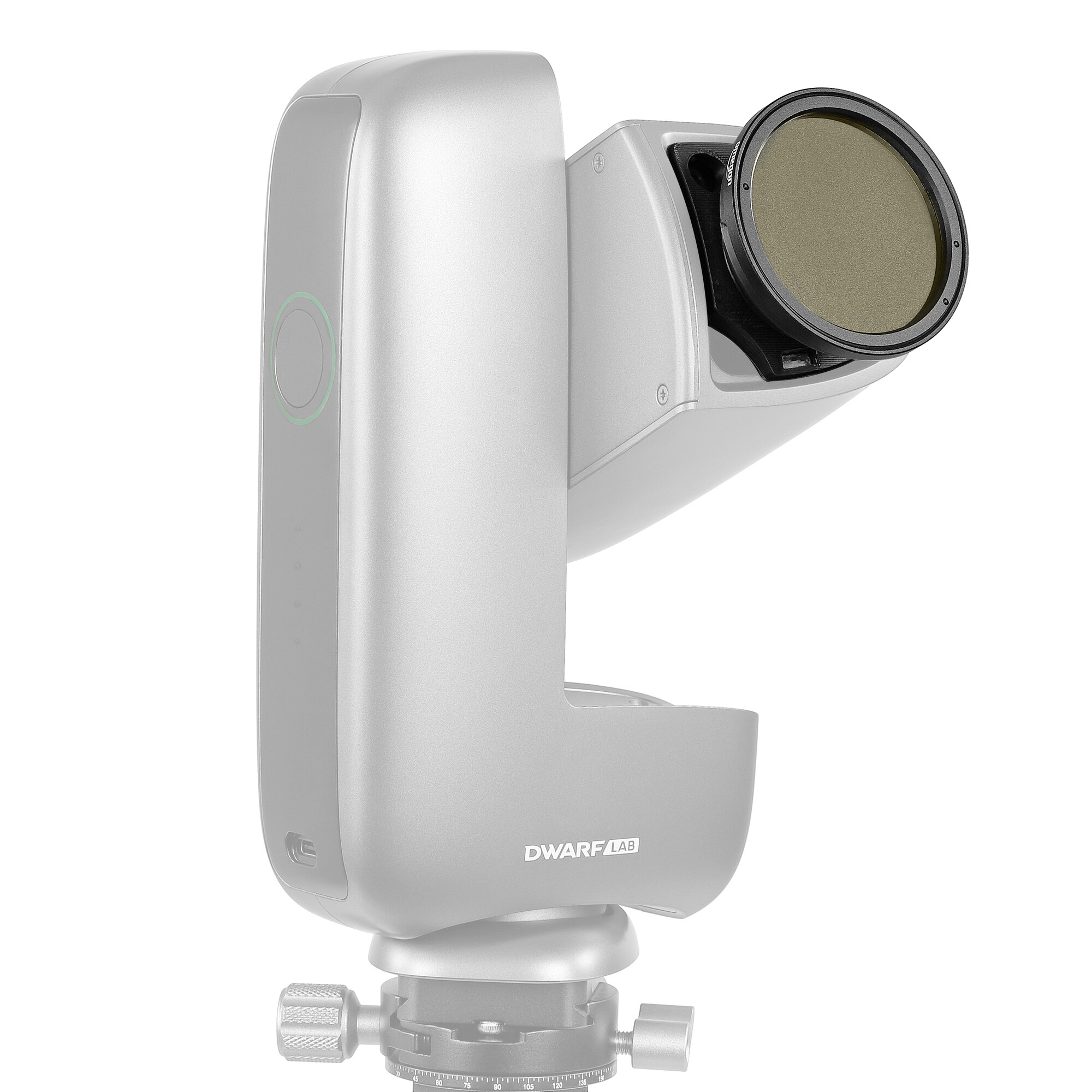 Ein silbernes DwarfLab Smart-Teleskop auf einem Stativ mit einem runden Filter vor der Kamera.