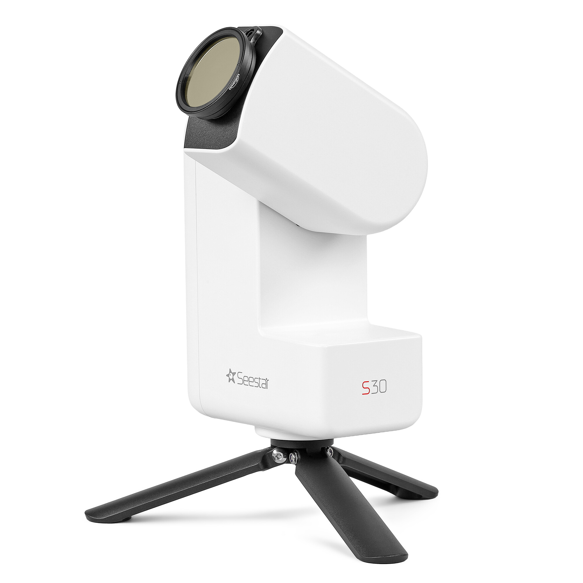 Weißes Seestar S30 Smart-Teleskop auf schwarzem Stativ vor weißem Hintergrund.