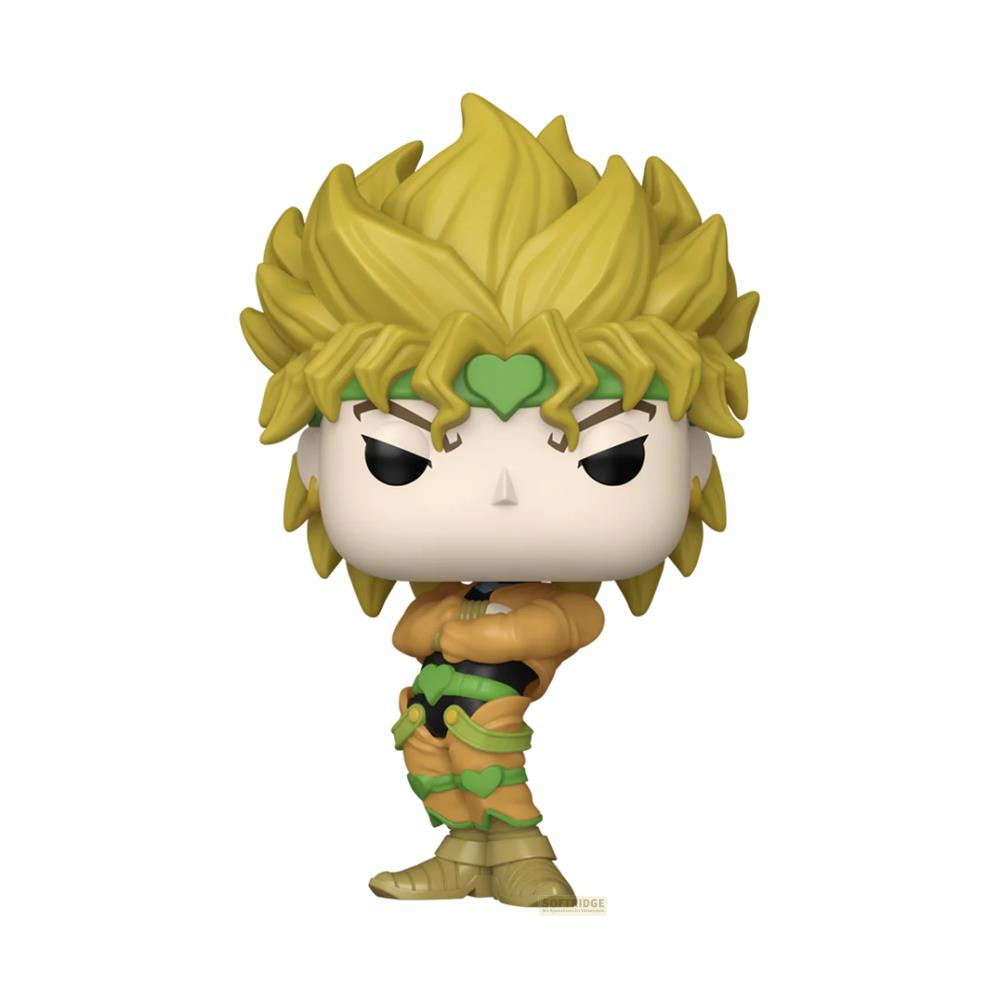 Figurka Funko Pop przedstawiająca Dio Brando z JoJo's Bizarre Adventure w żółtym stroju na białym tle.