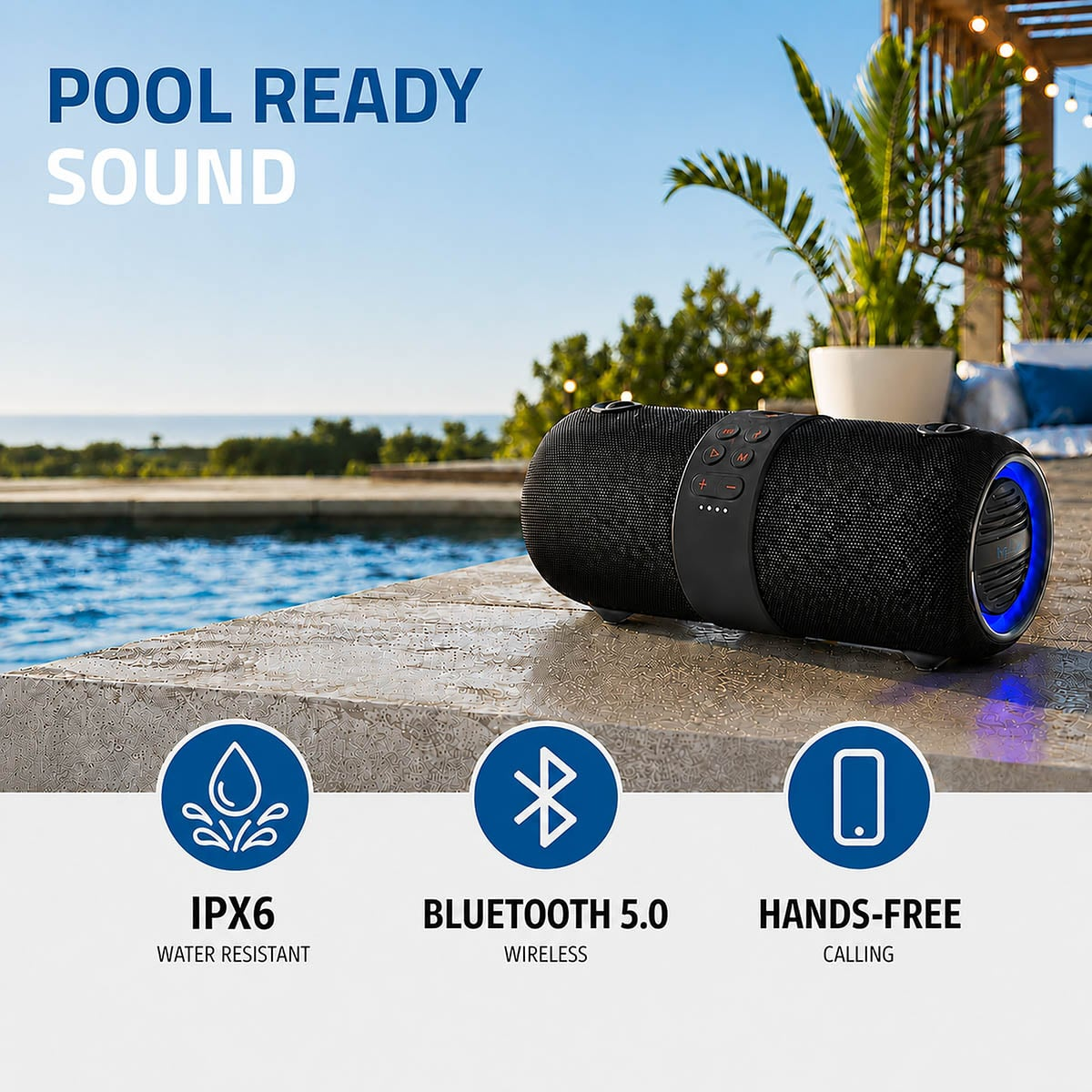 Une enceinte Bluetooth noire et étanche près d'une piscine avec des icônes.