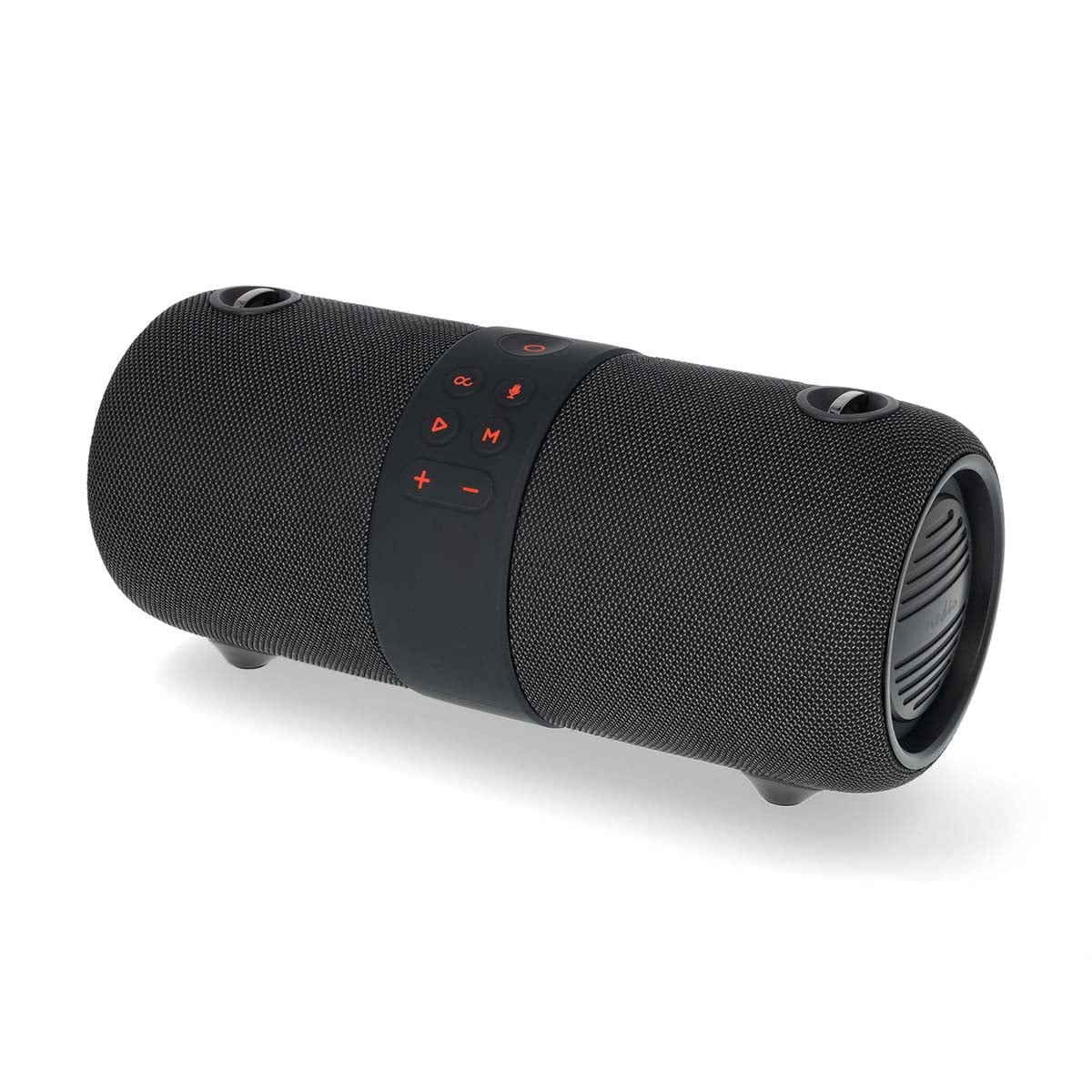 Un haut-parleur Bluetooth cylindrique noir avec un panneau de commande central et une texture en maille sur fond blanc.