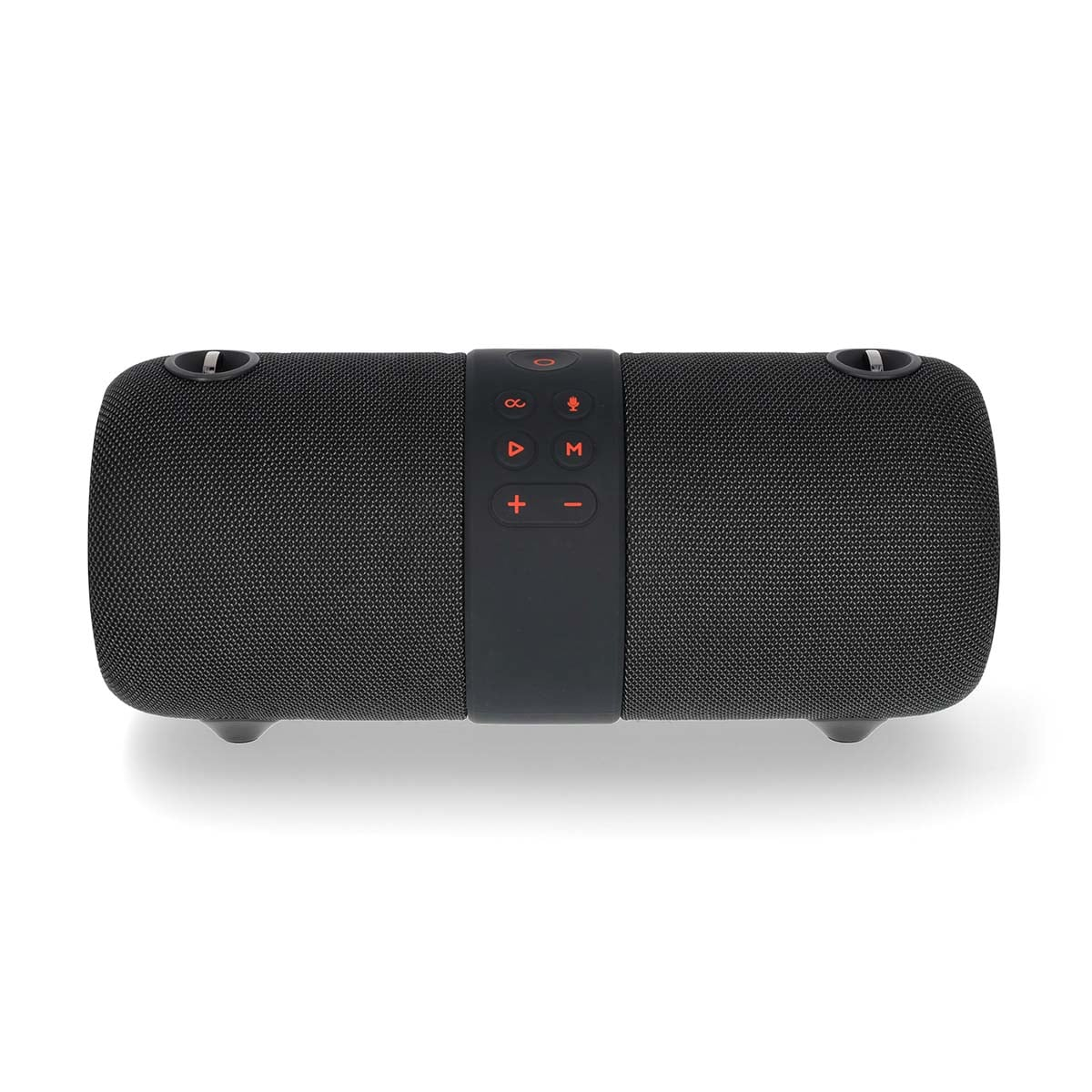 Un haut-parleur sans fil cylindrique noir avec panneau de commande central et boutons lumineux rouges sur fond blanc.