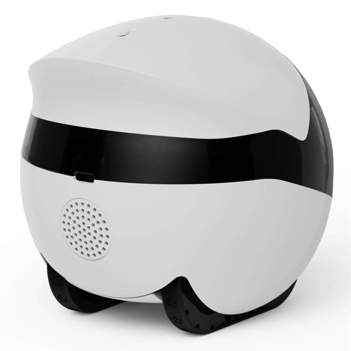 Beyaz arkaplanda siyah şeritli ve iki paletli beyaz, küresel bir robot.