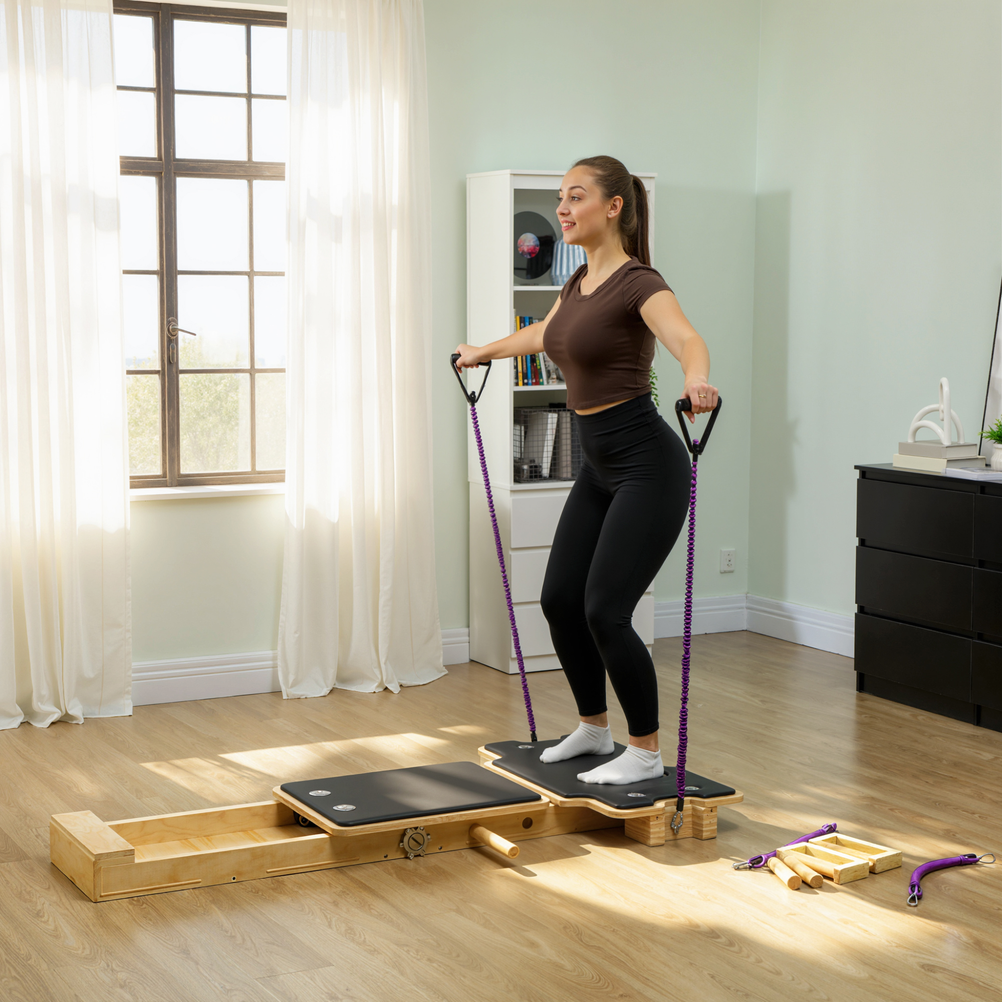 Una mujer con ropa deportiva hace ejercicios de pilates en una máquina de madera frente a una ventana.
