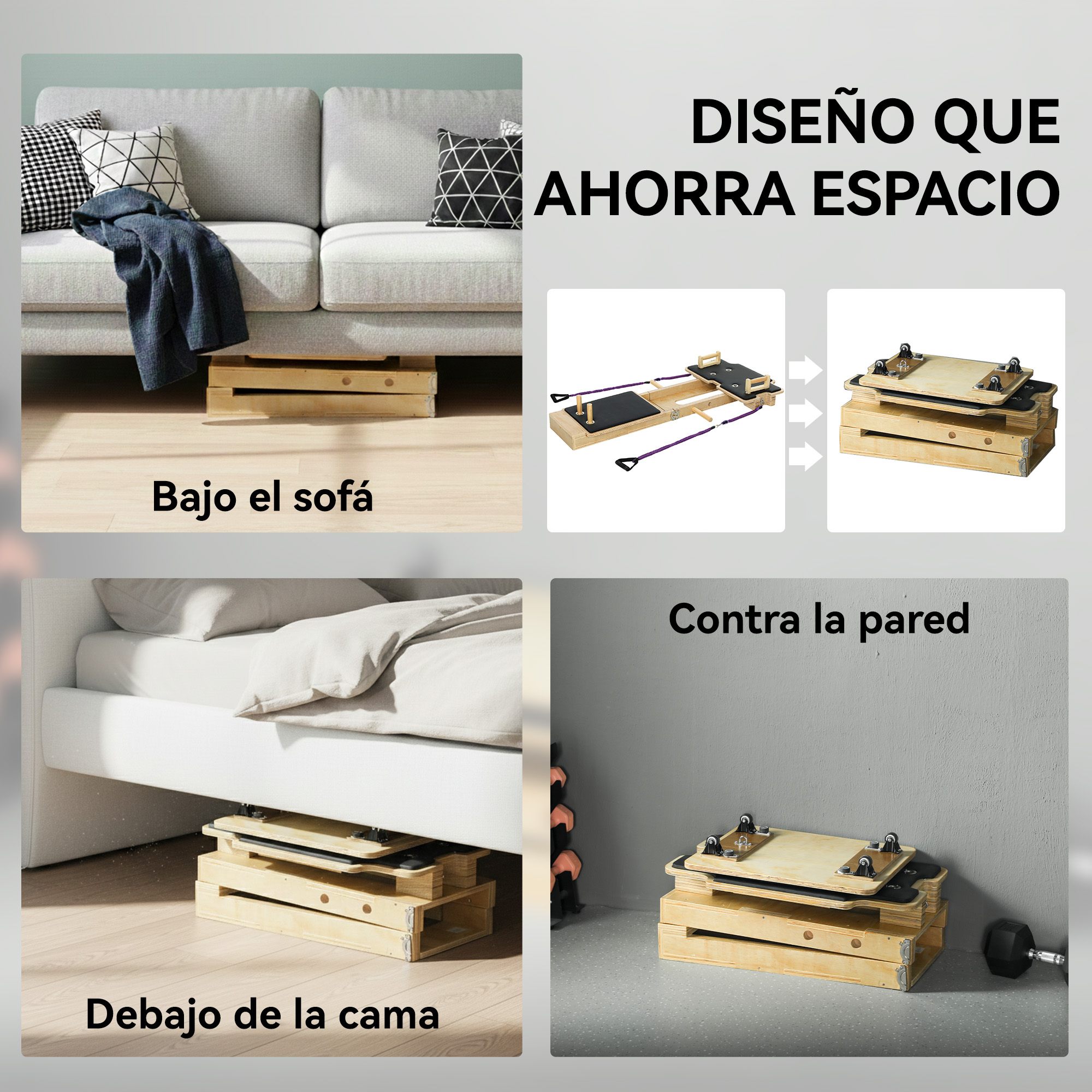 Equipo de pilates plegable, almacenamiento ahorrador de espacio bajo el sofá, cama o pared.