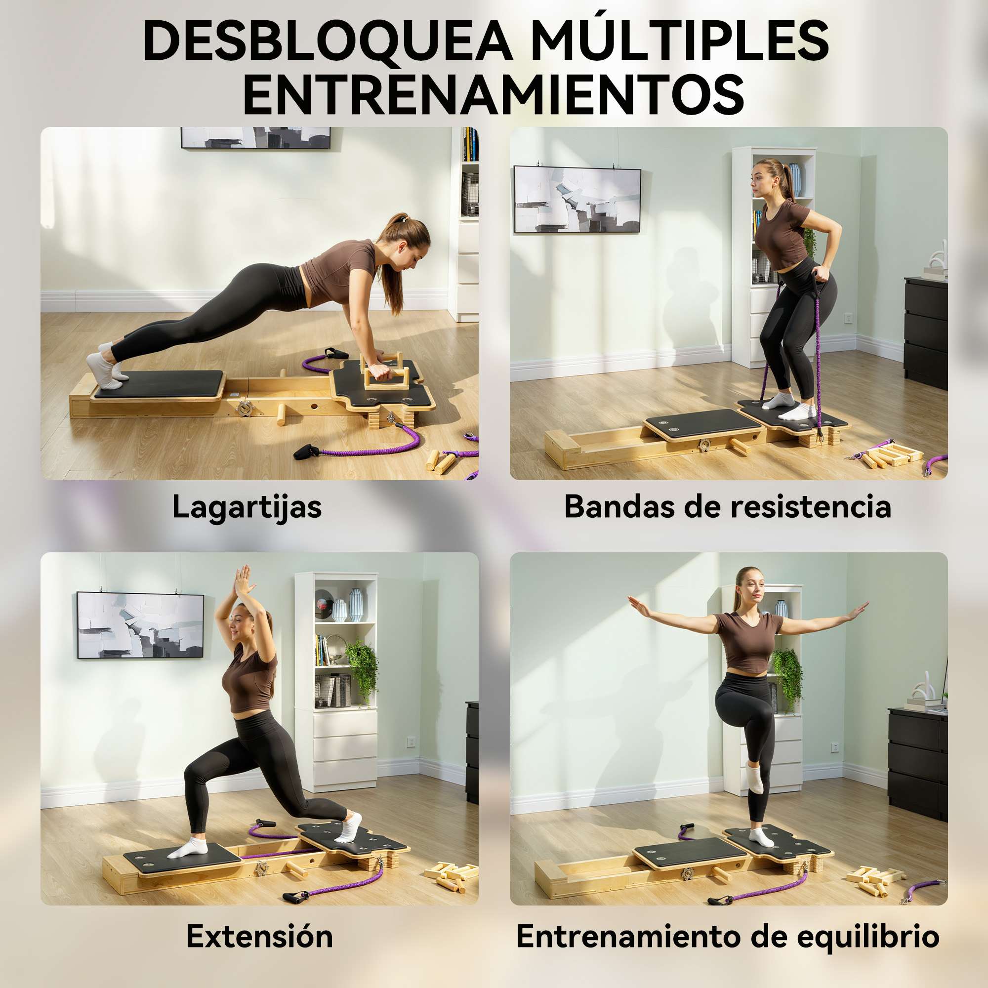 Una mujer demuestra cuatro ejercicios de pilates diferentes en una tabla de madera en una habitación luminosa.