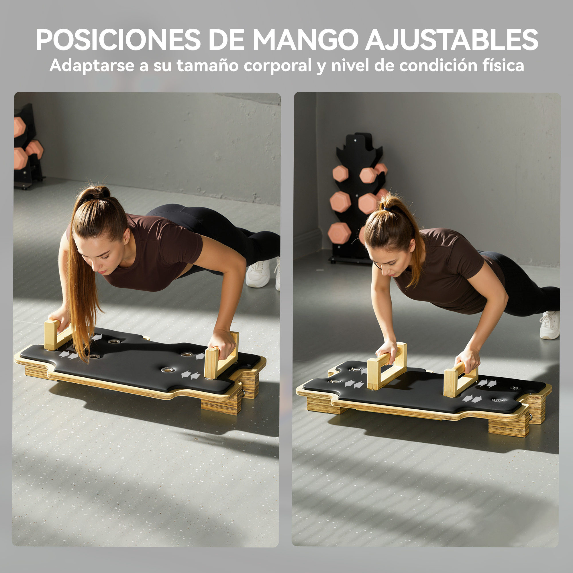 Una mujer hace flexiones en una tabla de flexiones con mangos de madera ajustables.