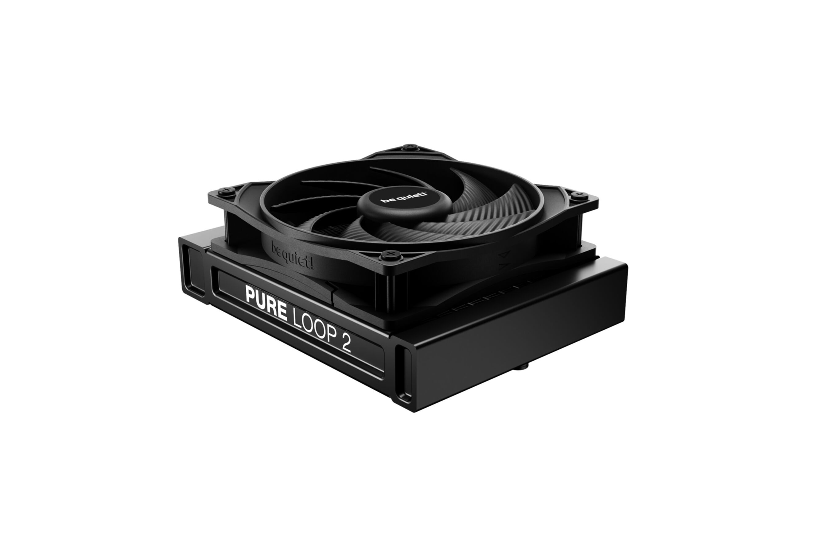 Een zwarte Pure Loop 2 CPU-vloeistofkoeler met gemonteerde ventilator op een witte achtergrond.