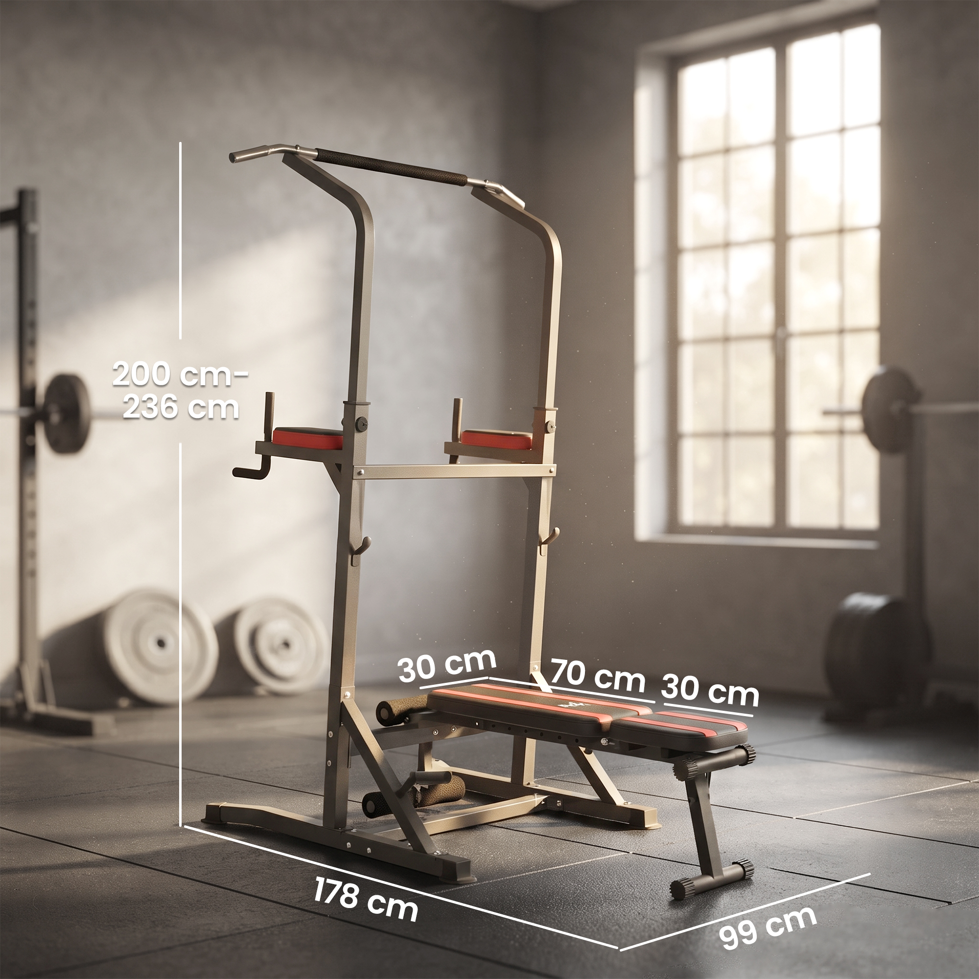 Multi-estación de gimnasio con dimensiones de 200-236 cm de alto, 178 cm de largo y 99 cm de ancho.