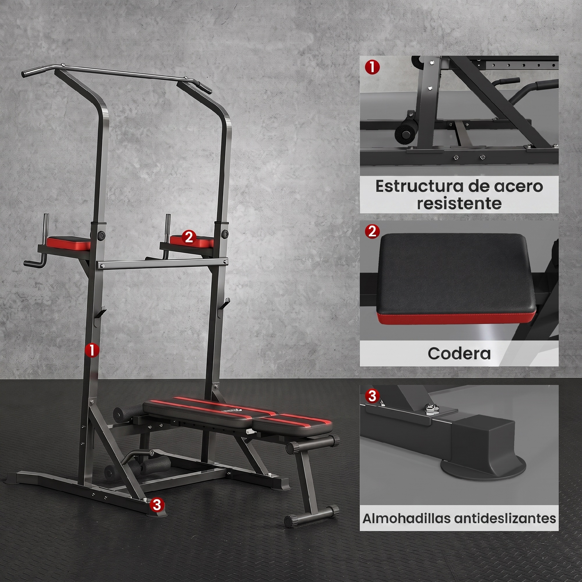 Gimnasio multifunción con barra, banco y cojines rojos, mostrando estructura de acero, codera y soporte antideslizante.