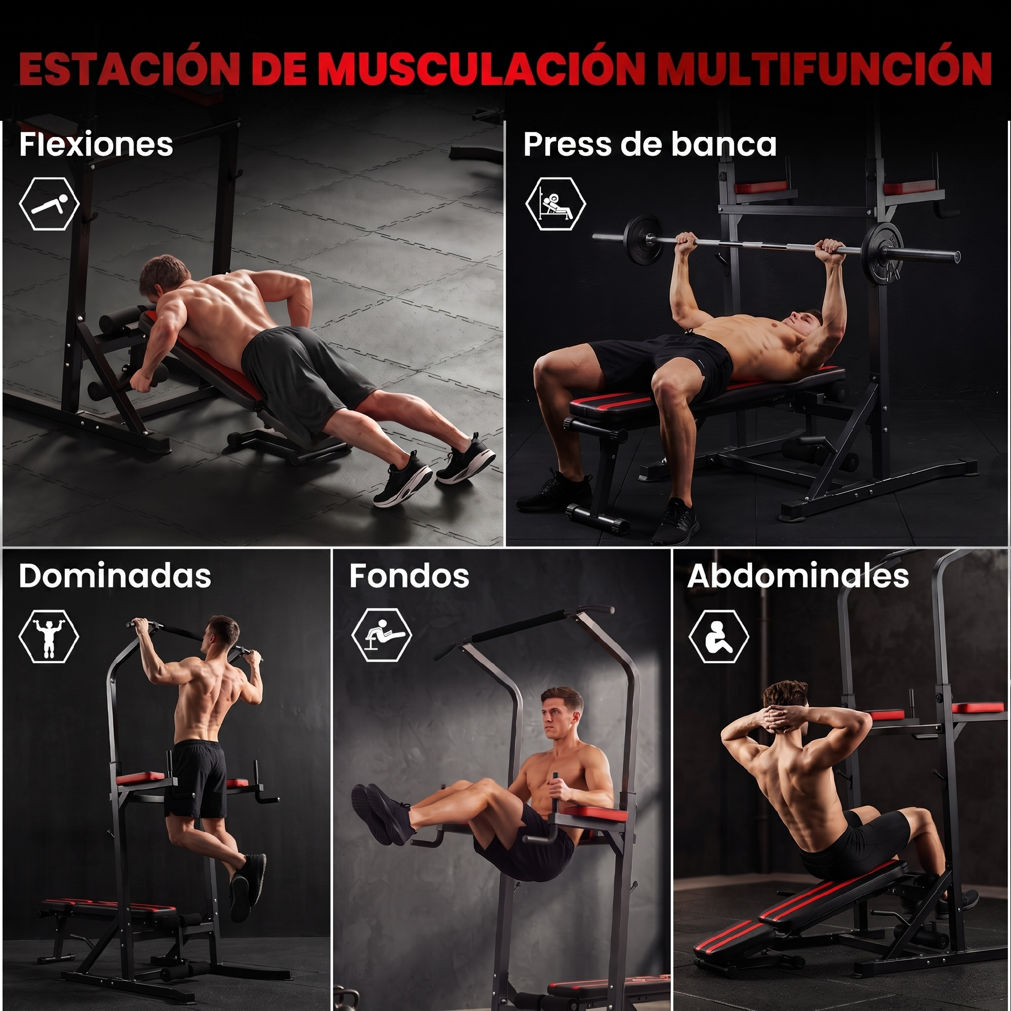 Estación de musculación multifunción muestra a un hombre haciendo flexiones, press de banca, dominadas, fondos y abdominales.