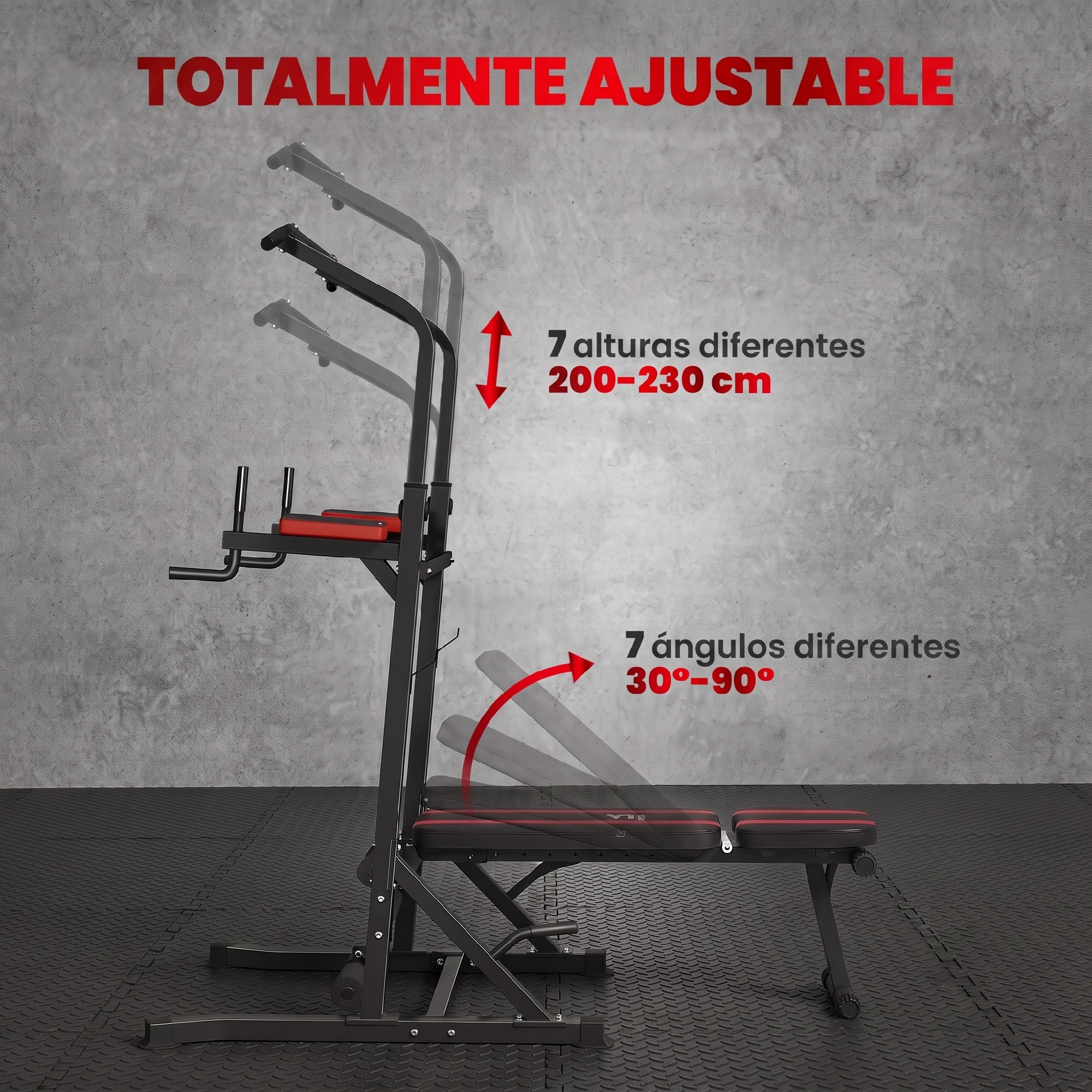 Torre de fitness negra con detalles rojos, muestra altura y ángulos de banco ajustables.