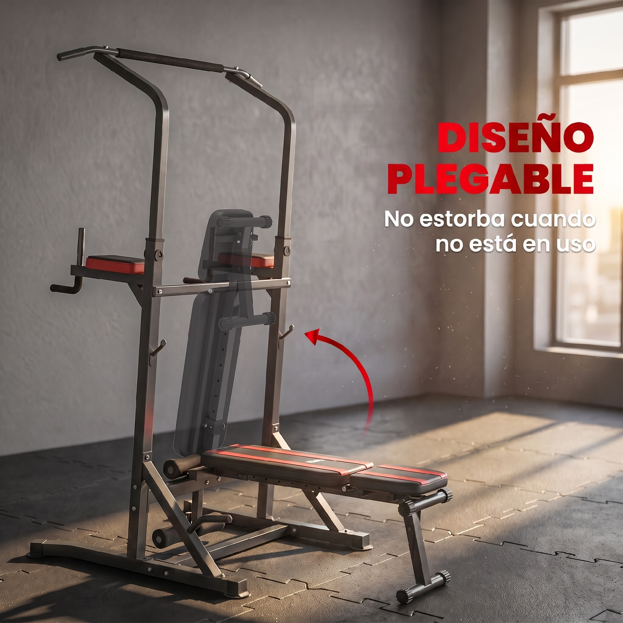 Una torre de dominadas plegable con banco se encuentra en el suelo de un gimnasio cerca de una ventana.