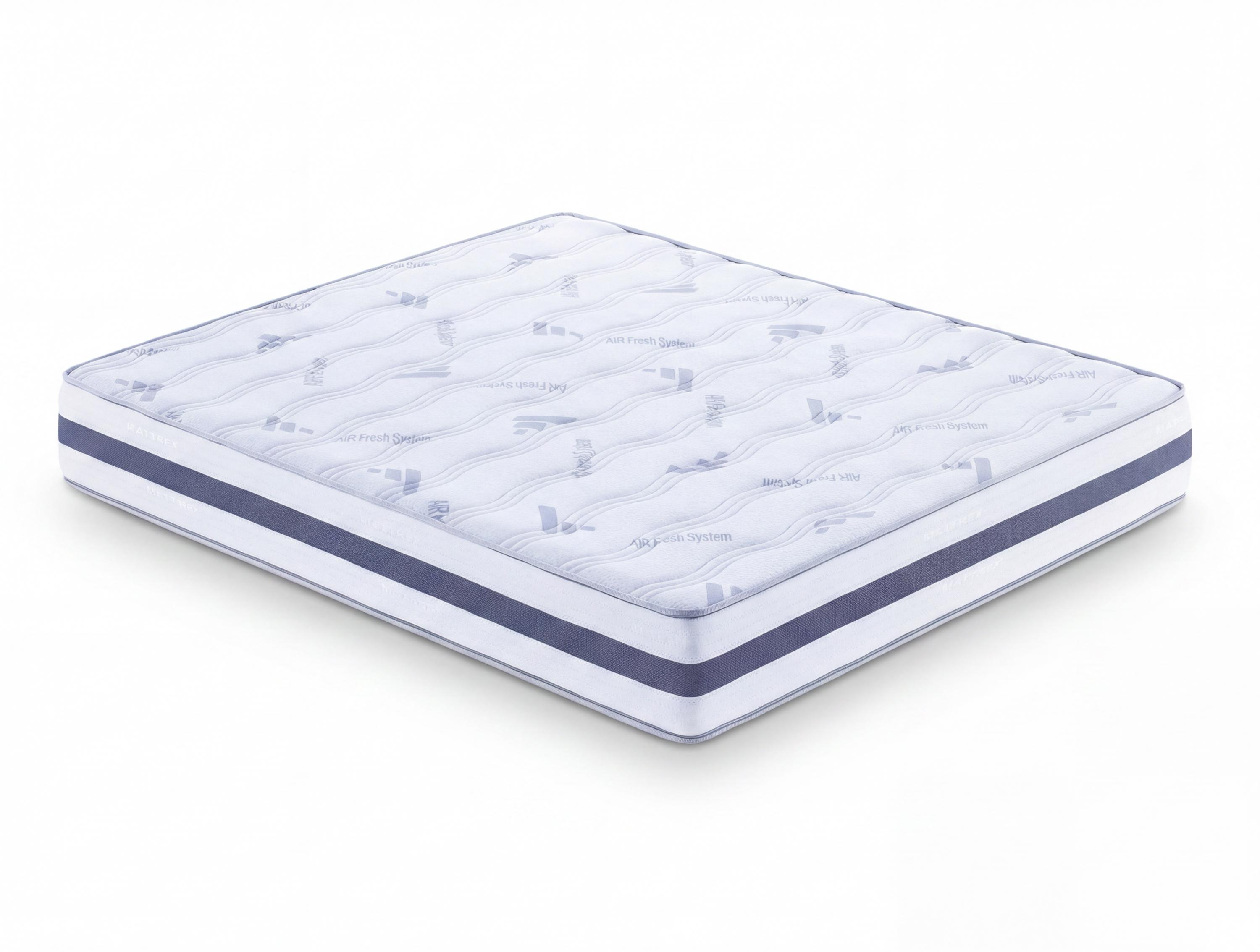 Un colchón blanco con diseño estampado en azul sobre fondo blanco.