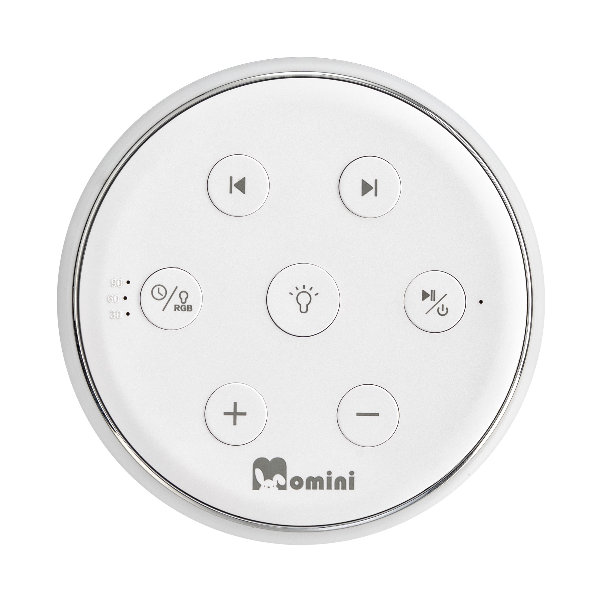 Rweisses Moini-Gerät mit Touch-Tasten, einem zentralen Lichtsymbol und Reglern für Lautstärke, Titel und Timer.