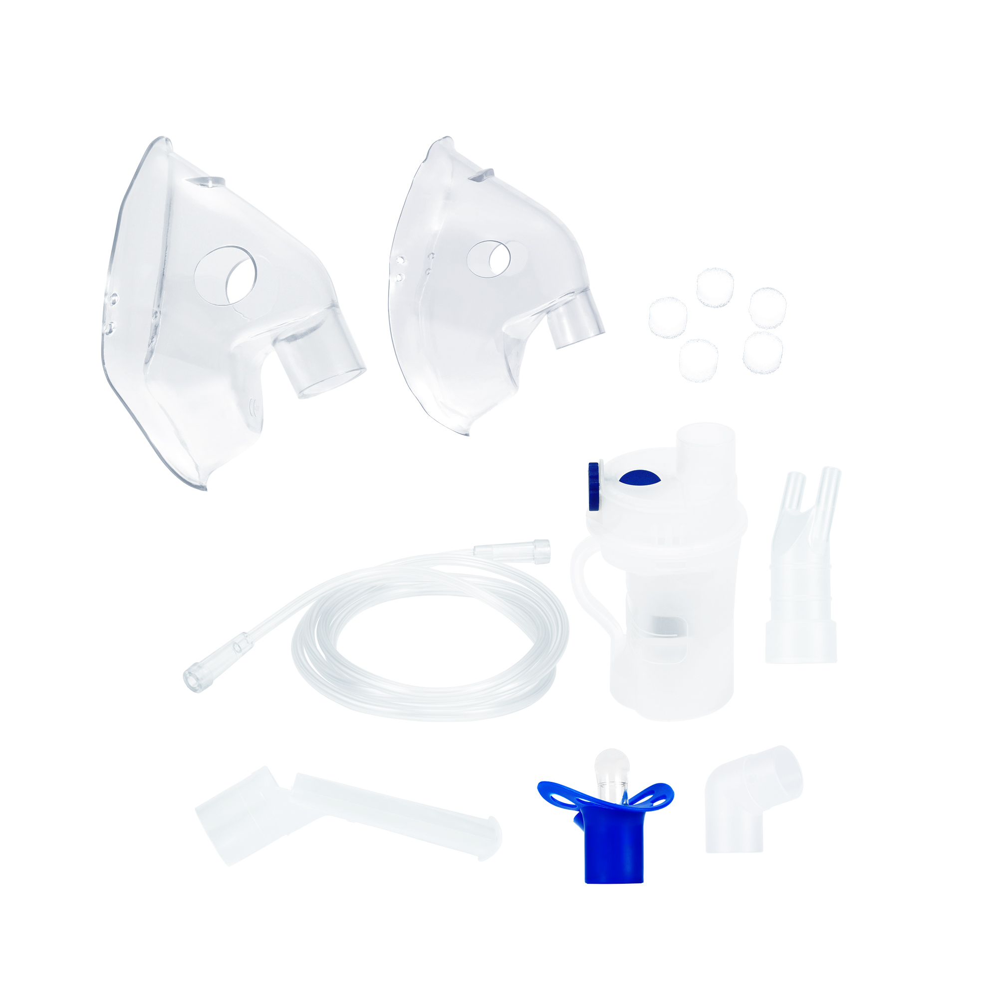 Medizinisches Vernebler-Set mit Masken, Schläuchen, Medikamentenbecher, Mundstück und Filtern auf weißem Hintergrund.